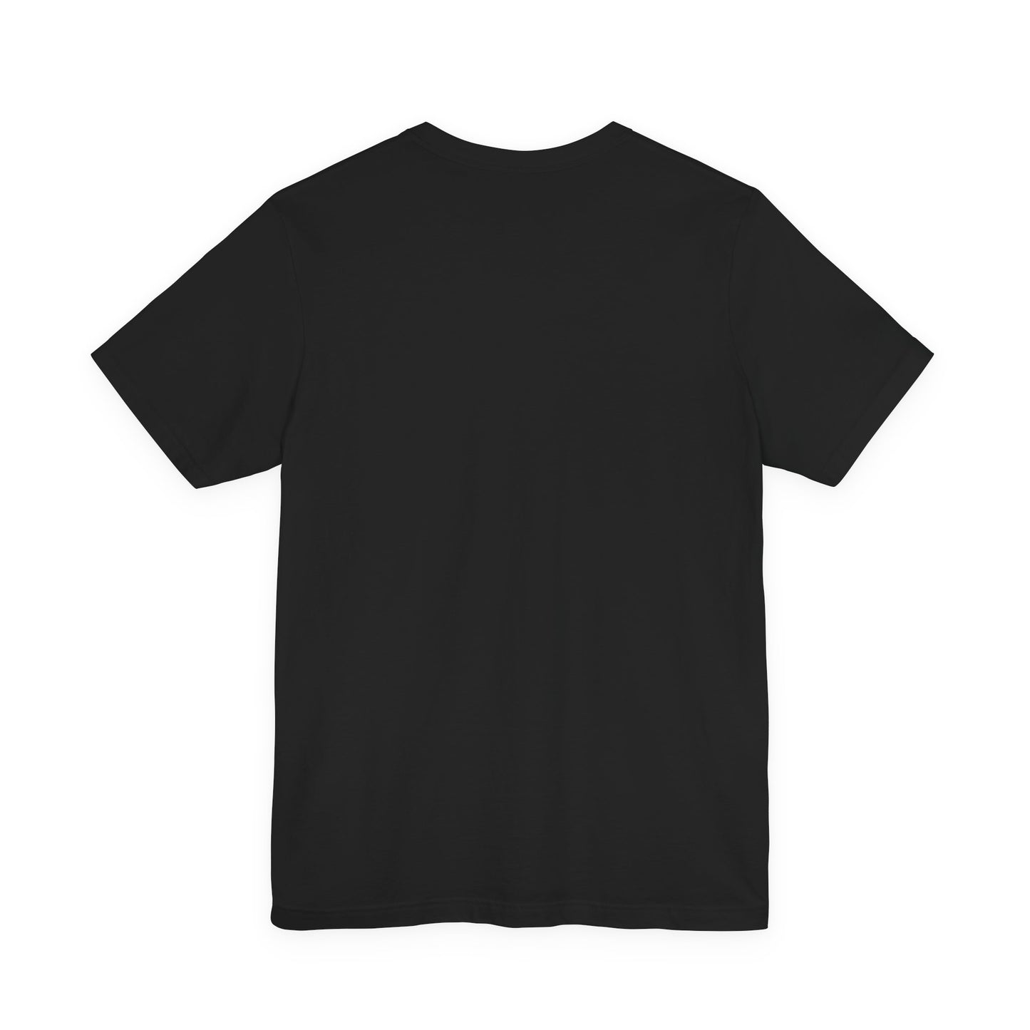 Back view of black t-shirt on a white background