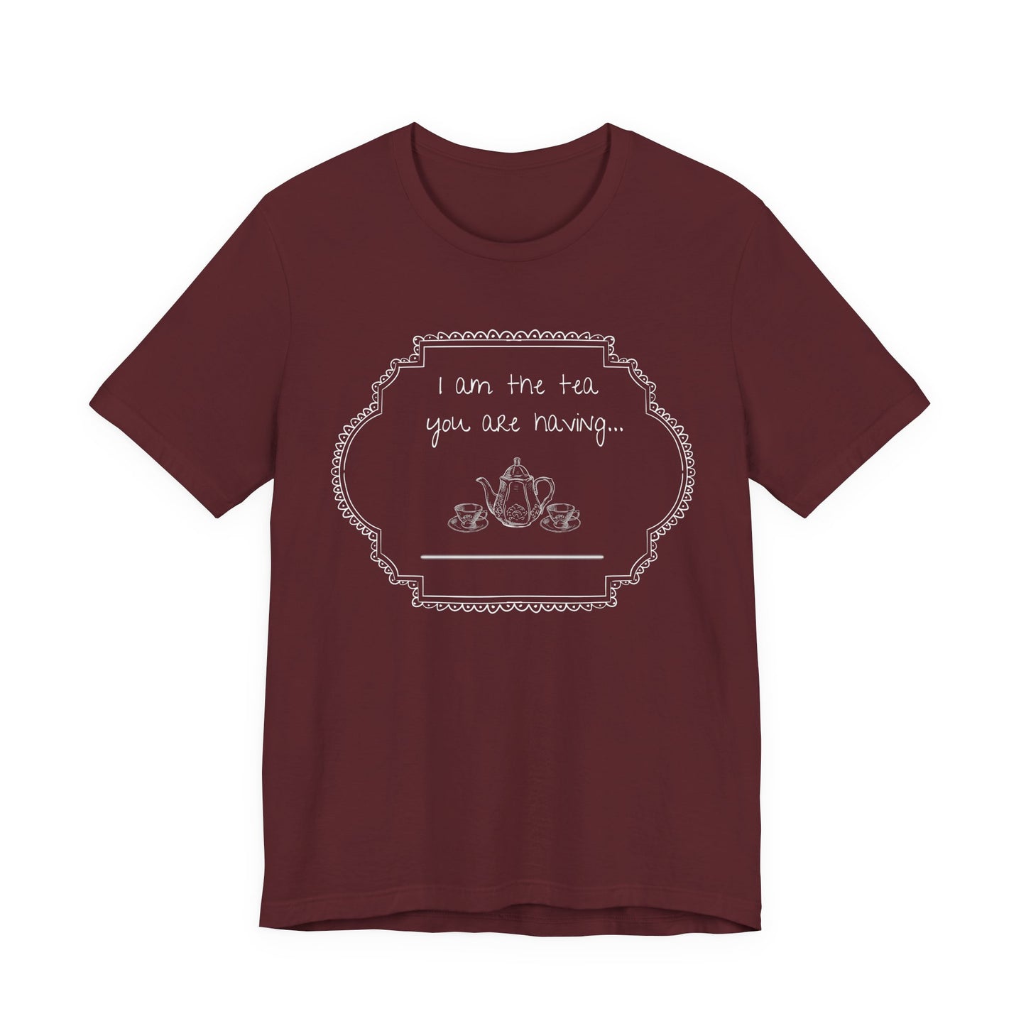 Maroon t-shirt with white graphic and text on a white background