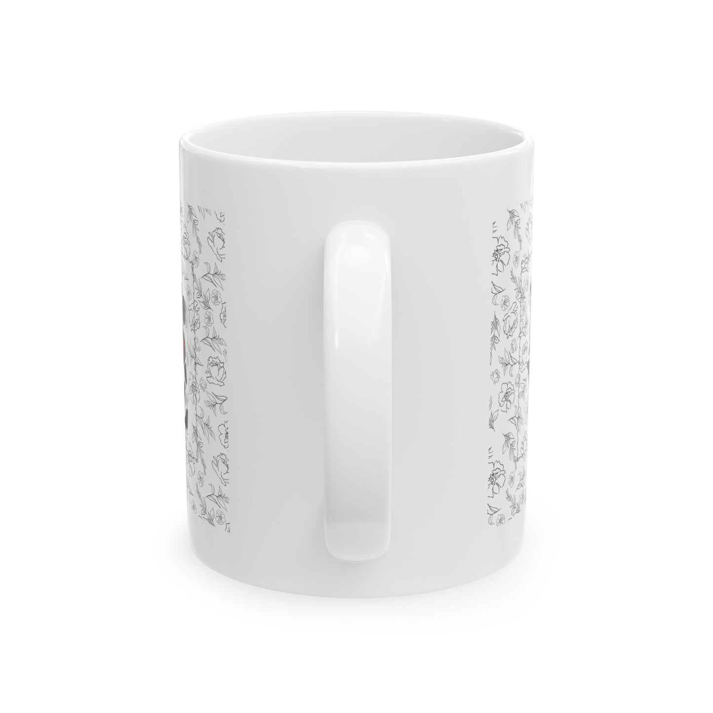 handle side view white mug with black text on a white background