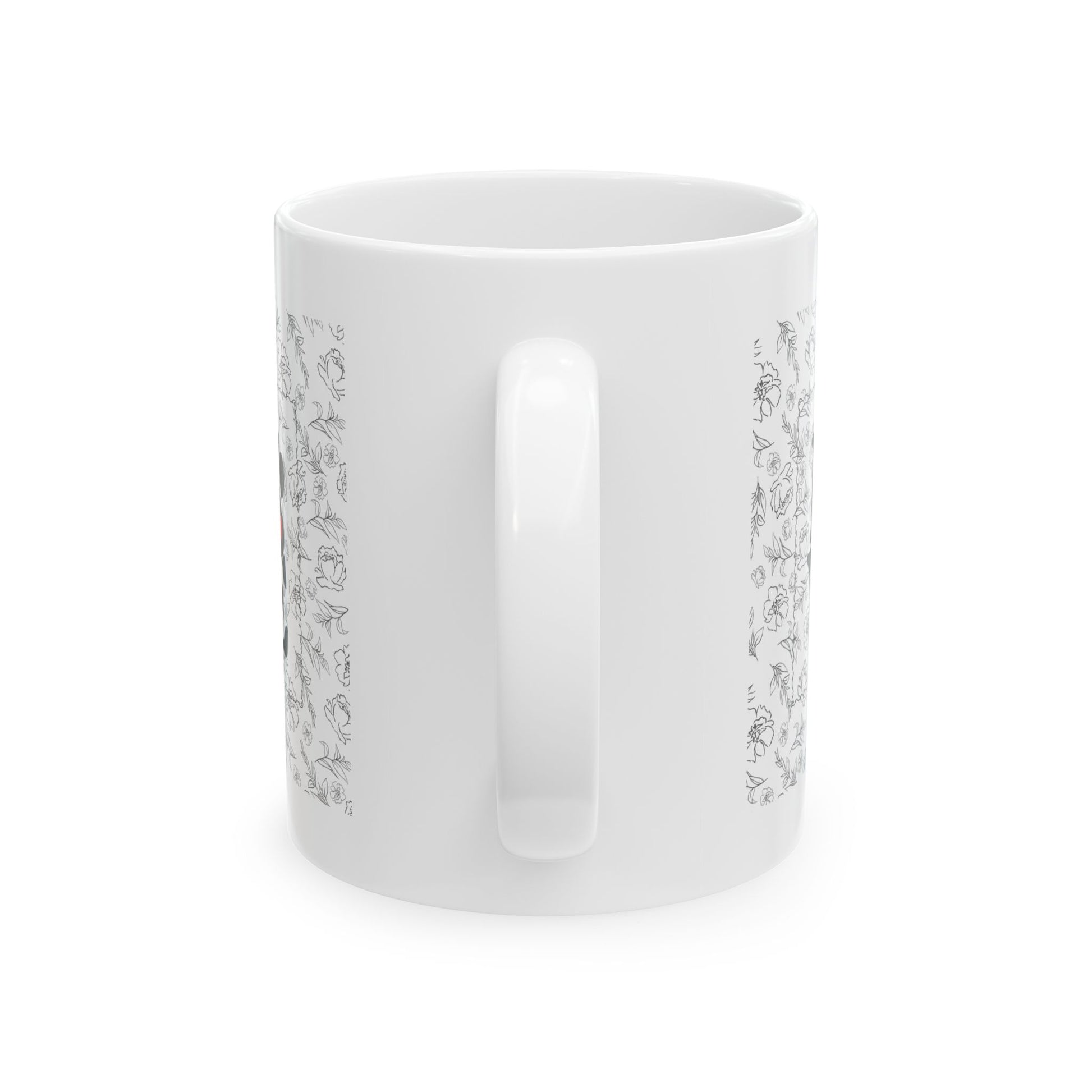 handle side view white mug with black text on a white background