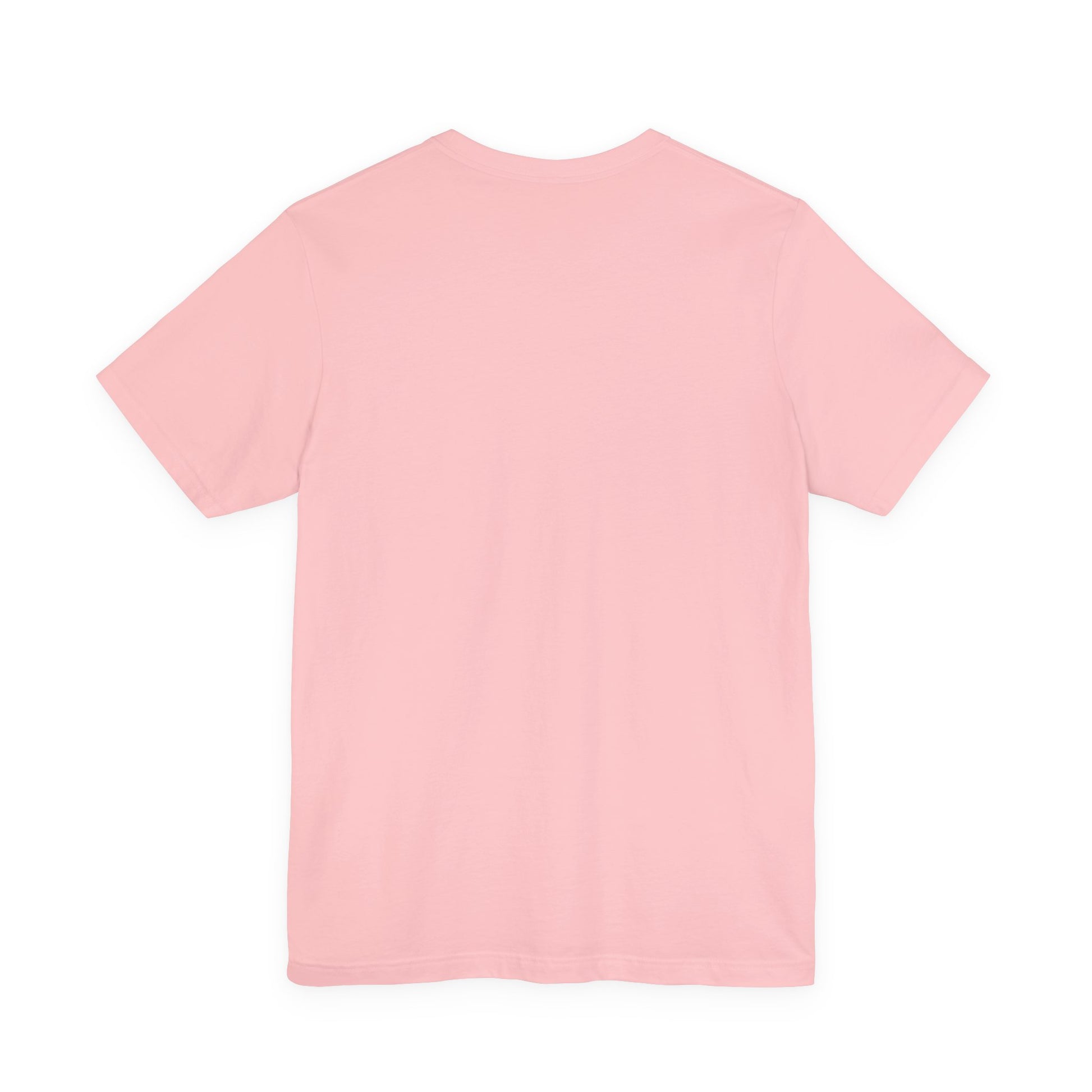 Back view of soft pink t-shirt on a white background