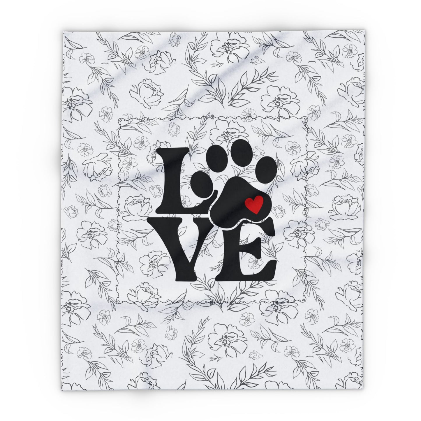 Larger size Floral patterned blanket with 'LOVE' text and paw print design.
