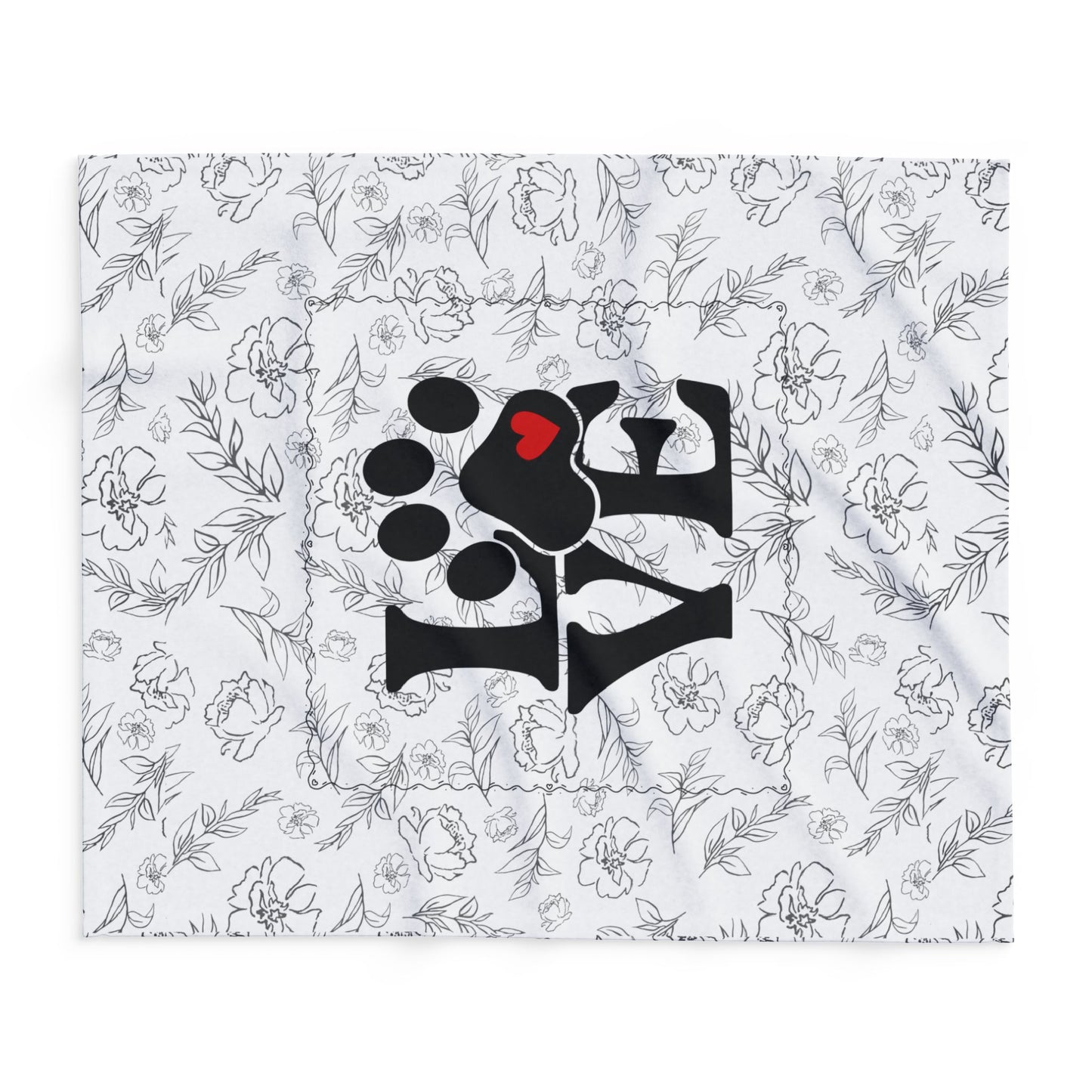 larger size side view floral patterned fabric with a black paw print design featuring a red heart on a white background