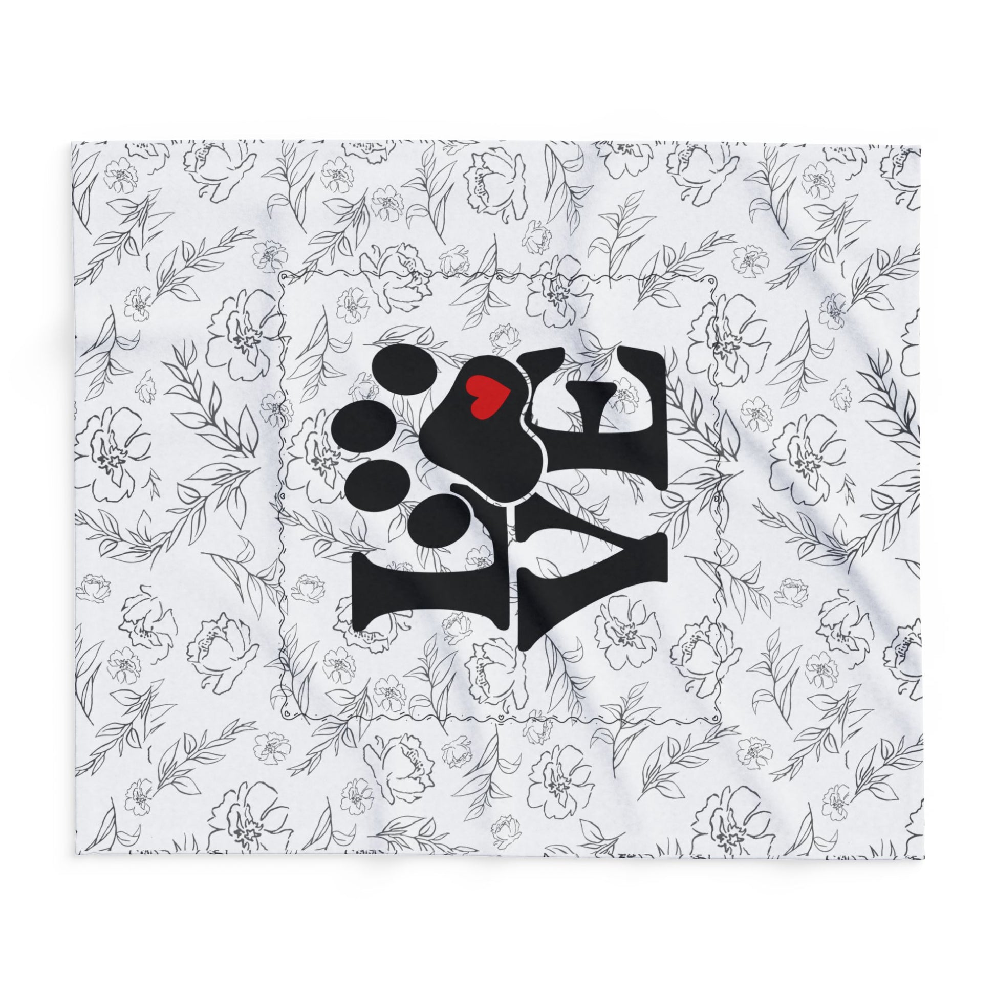 larger size side view floral patterned fabric with a black paw print design featuring a red heart on a white background