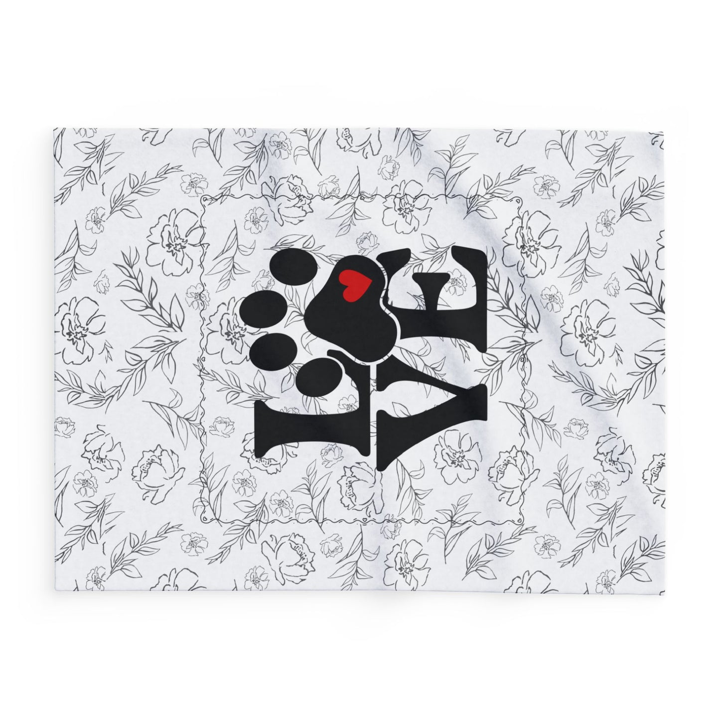 side view Floral patterned outline with a black paw print design featuring a red heart on a white background