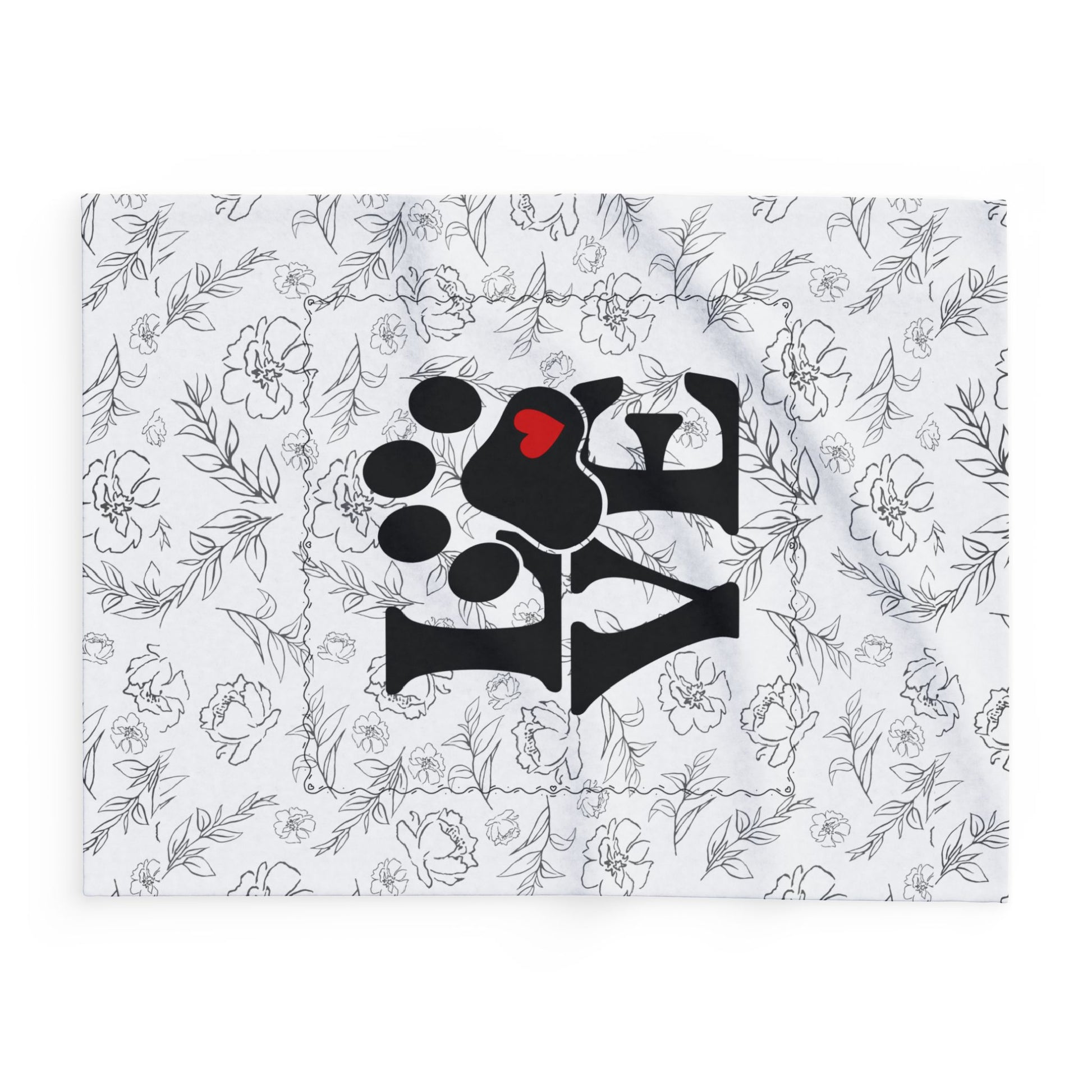 side view Floral patterned outline with a black paw print design featuring a red heart on a white background