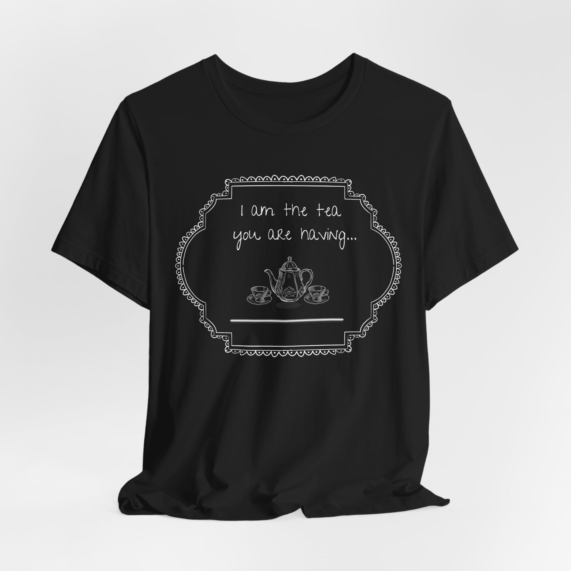 Black t-shirt with graphic design and text on a white background