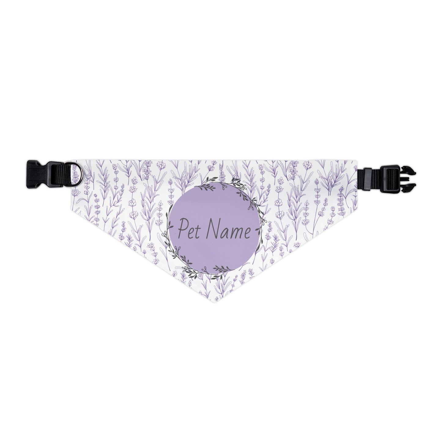 XL Pet bandana with lavender design and customizable name tag on a white background