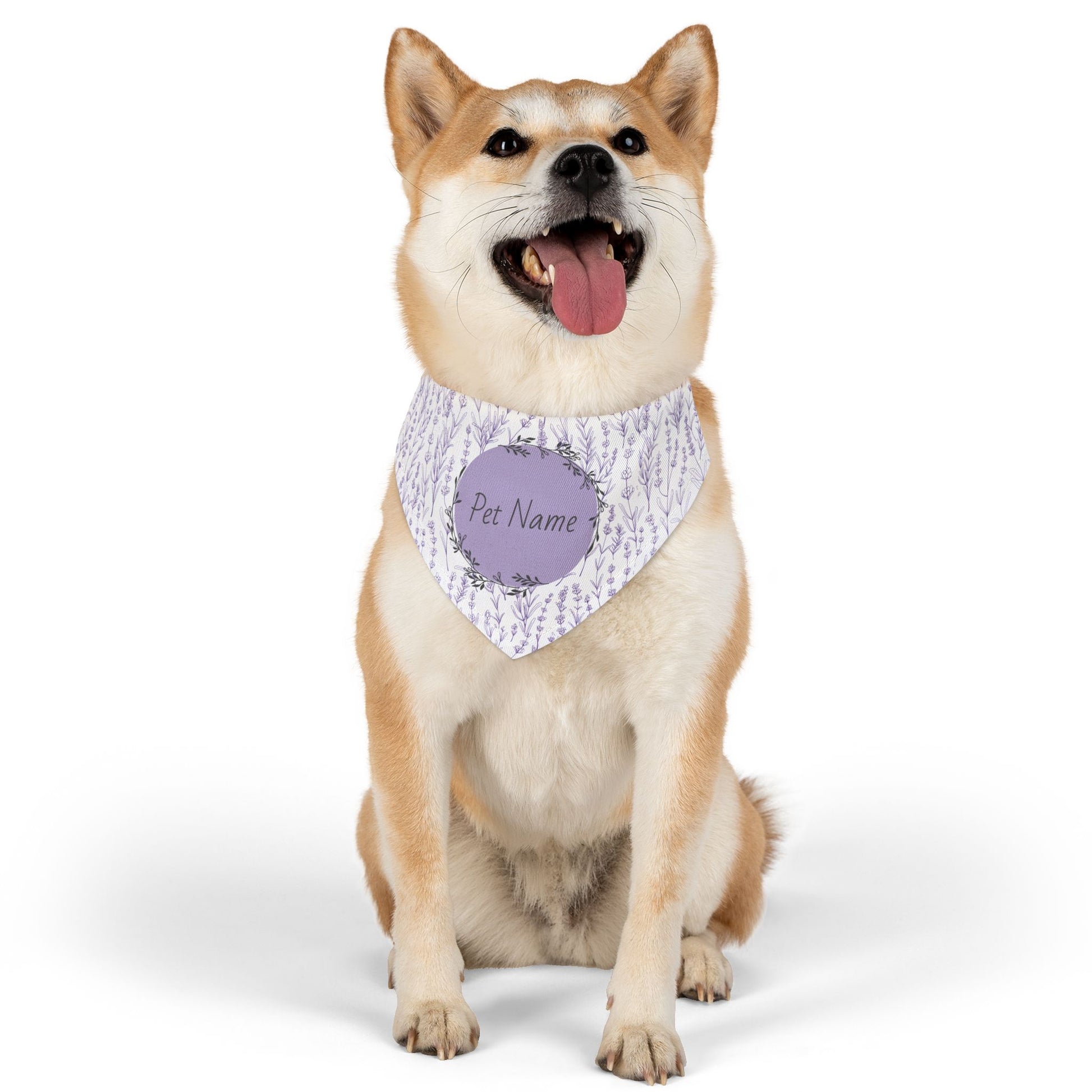 Dog wearing a bandana with a customizable name tag on a white background