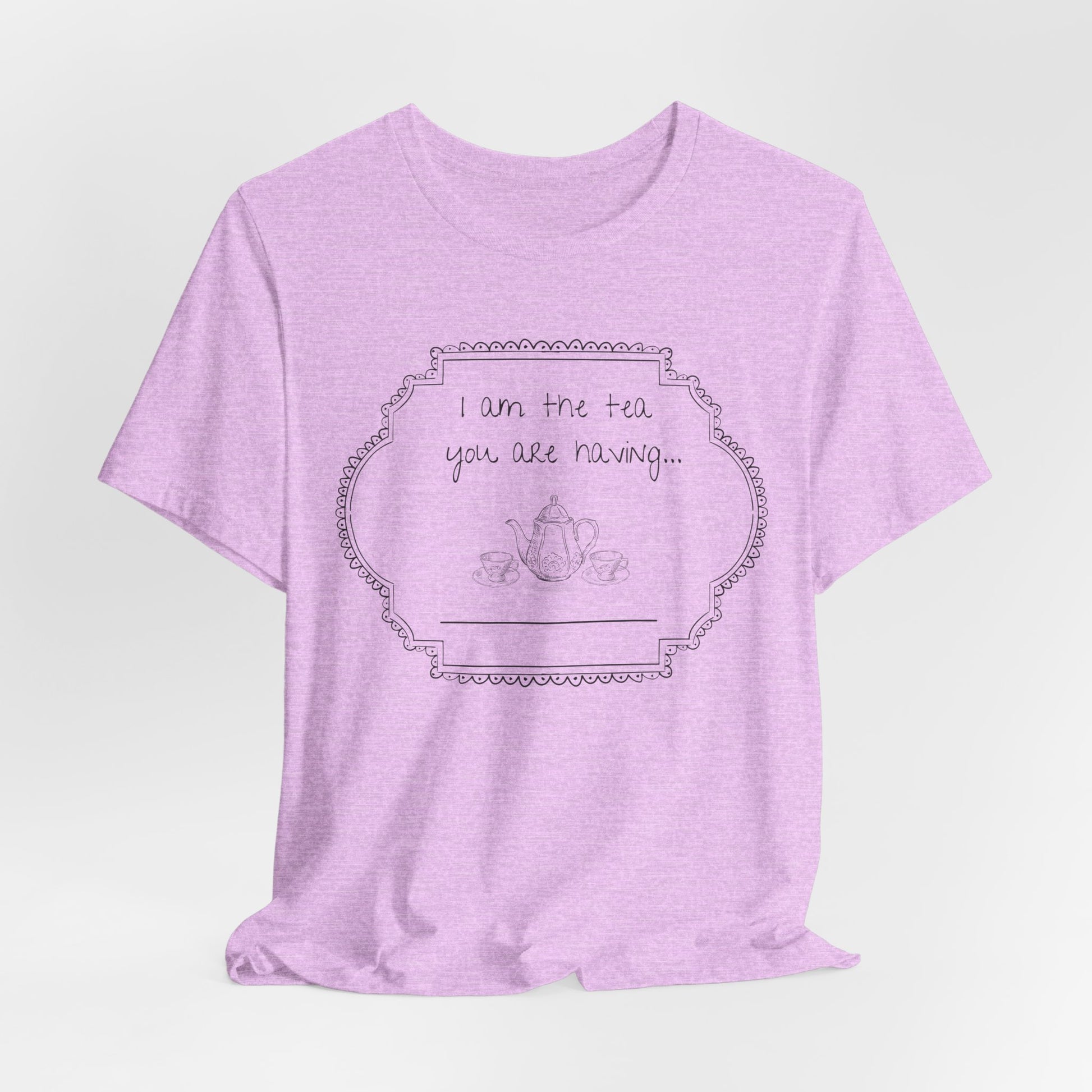 Light purple t-shirt with a graphic design and text on a light gray studio background