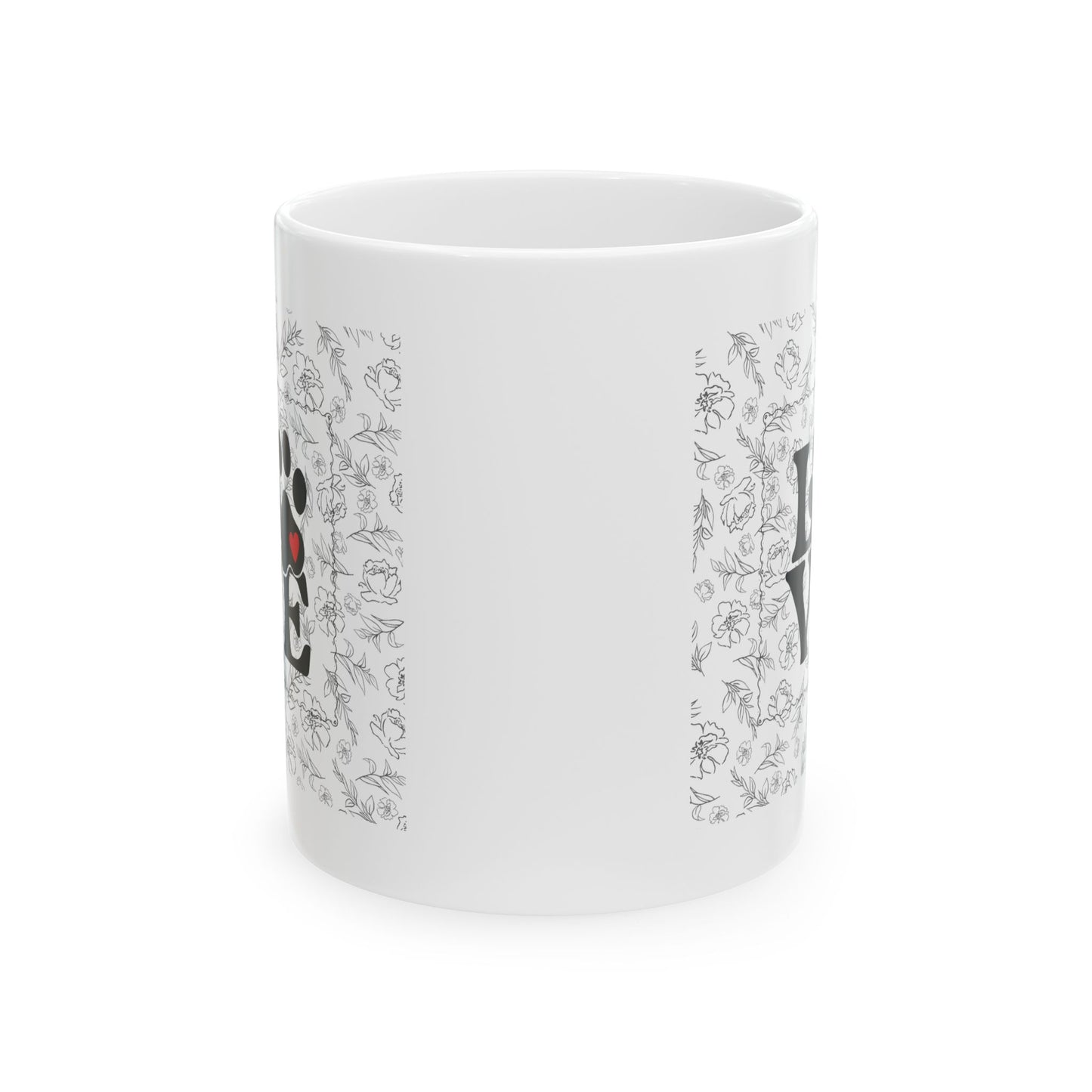 Side view of White mug with black floral pattern on a white background
