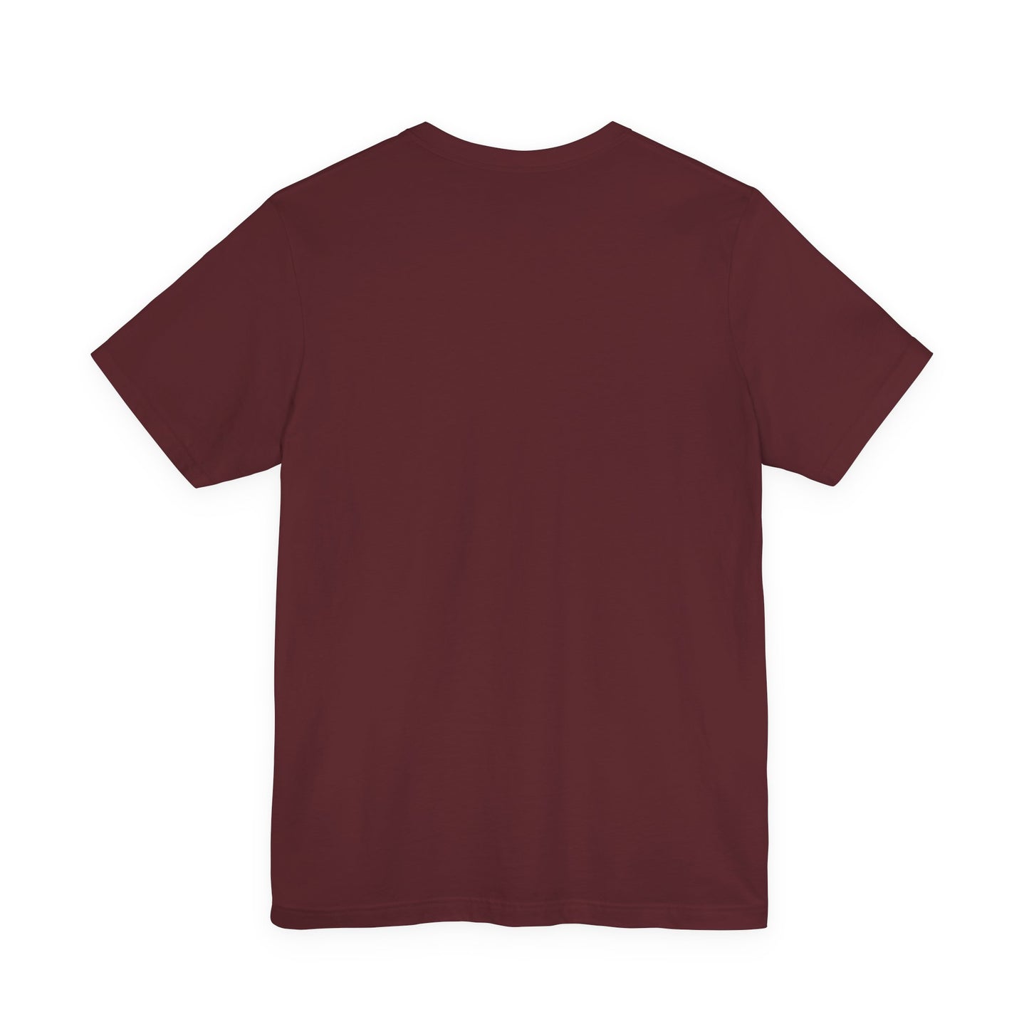 Back view of maroon t-shirt on a white background