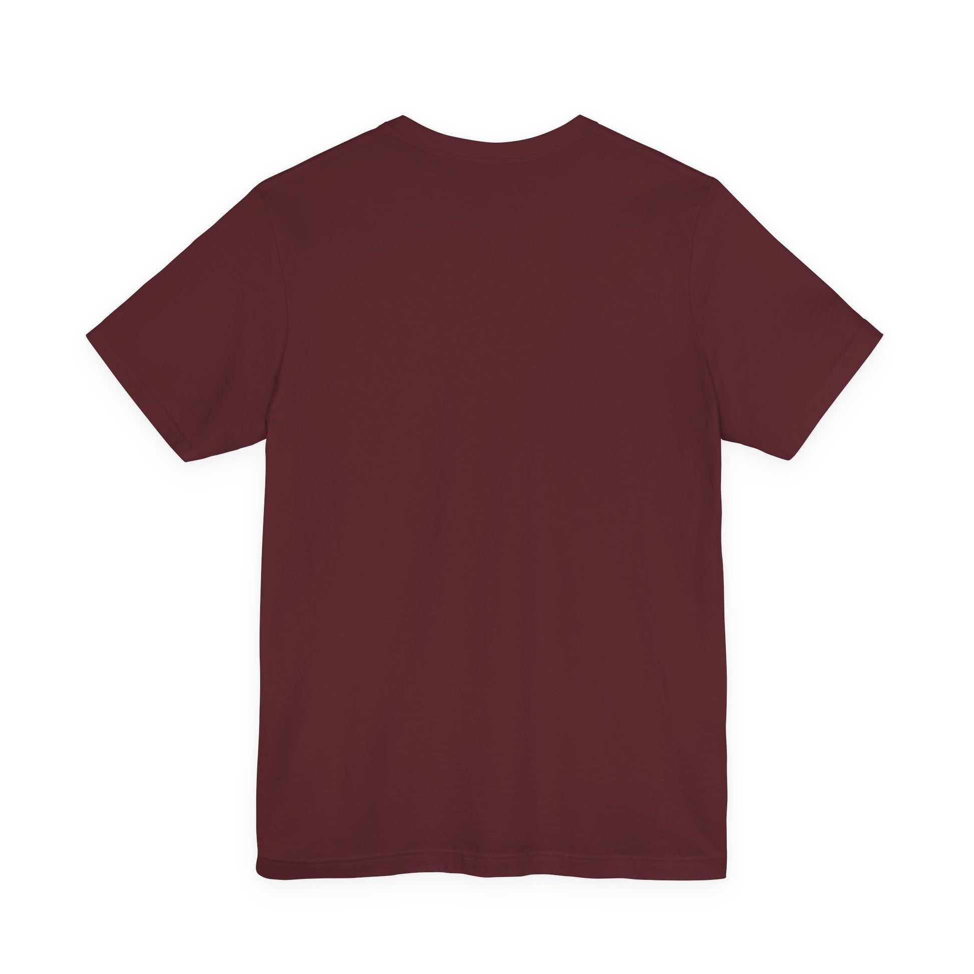 Back view of maroon t-shirt on a white background