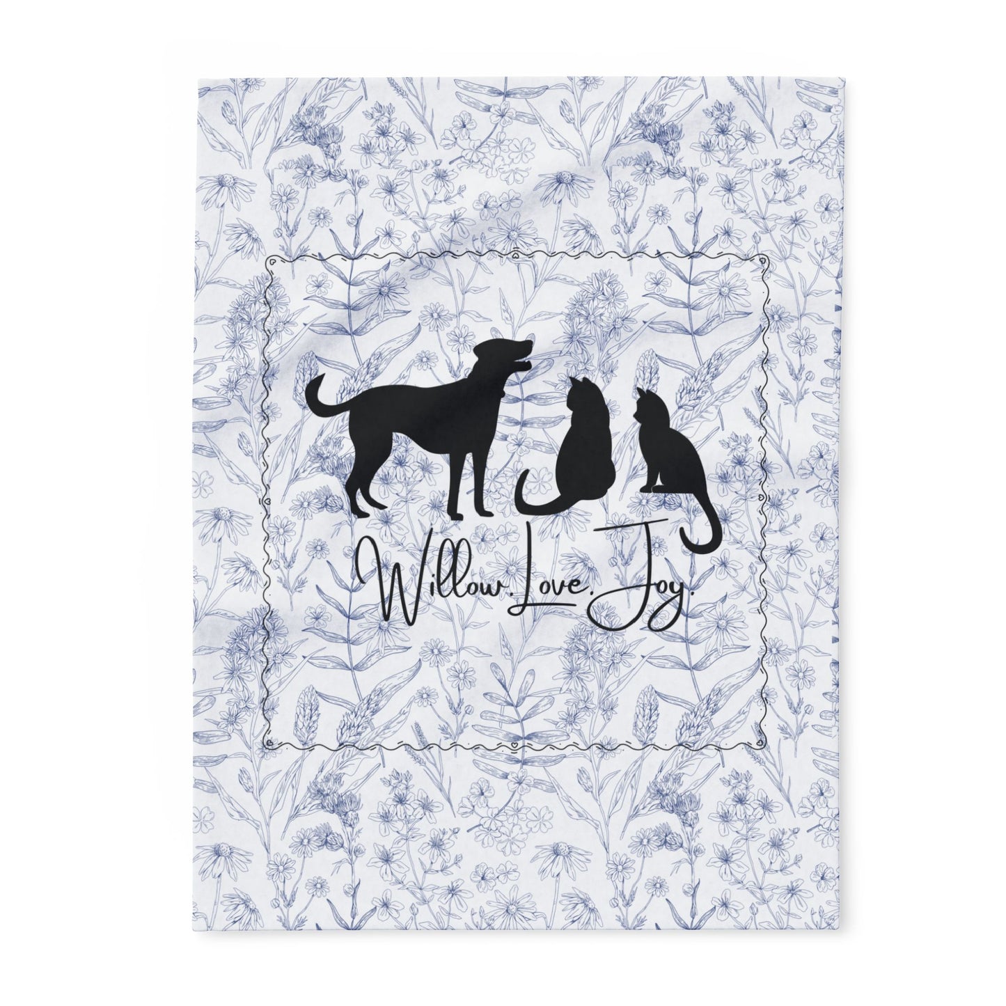 Floral Print silhouette of a dog and two cats, featuring the text 'Willow Love Joy'. smaller size