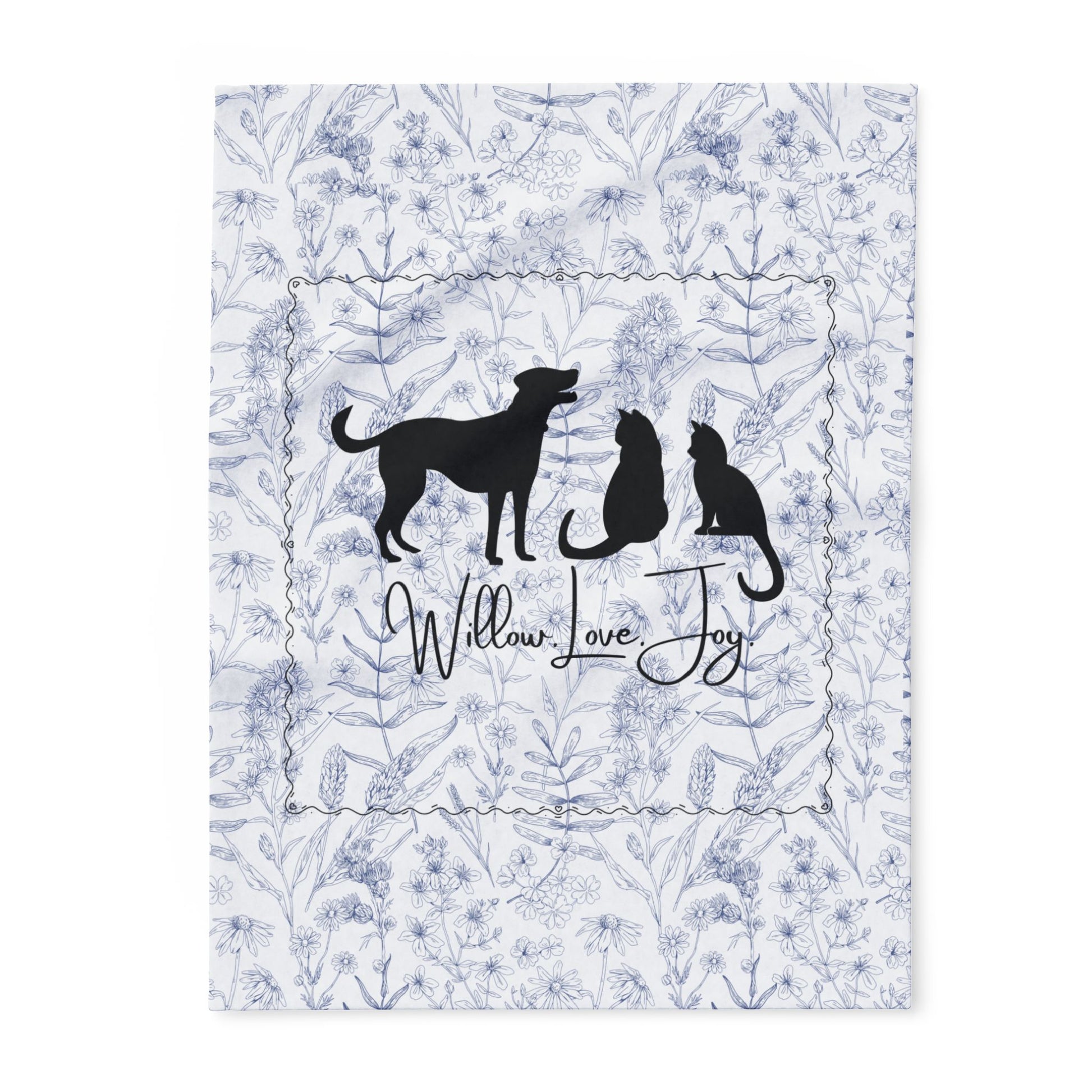 Floral Print silhouette of a dog and two cats, featuring the text 'Willow Love Joy'. smaller size