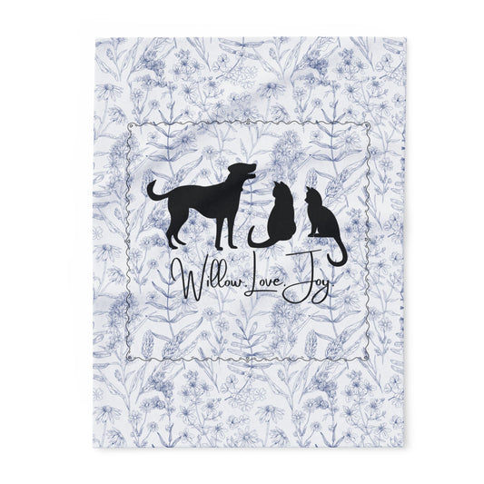 Floral Print silhouette of a dog and two cats, featuring the text 'Willow Love Joy'. smaller size