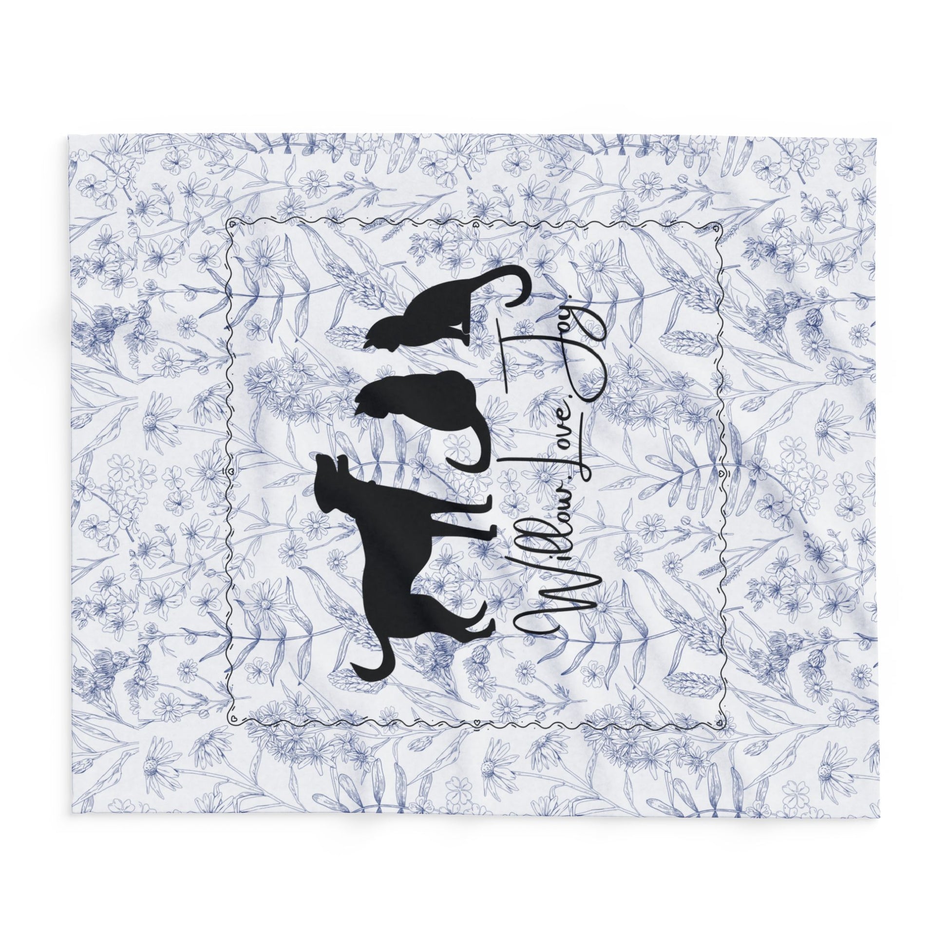 Side view of large size Floral Print blanket with a silhouette of a dog and two cats, featuring the text 'Willow Love Joy'. 