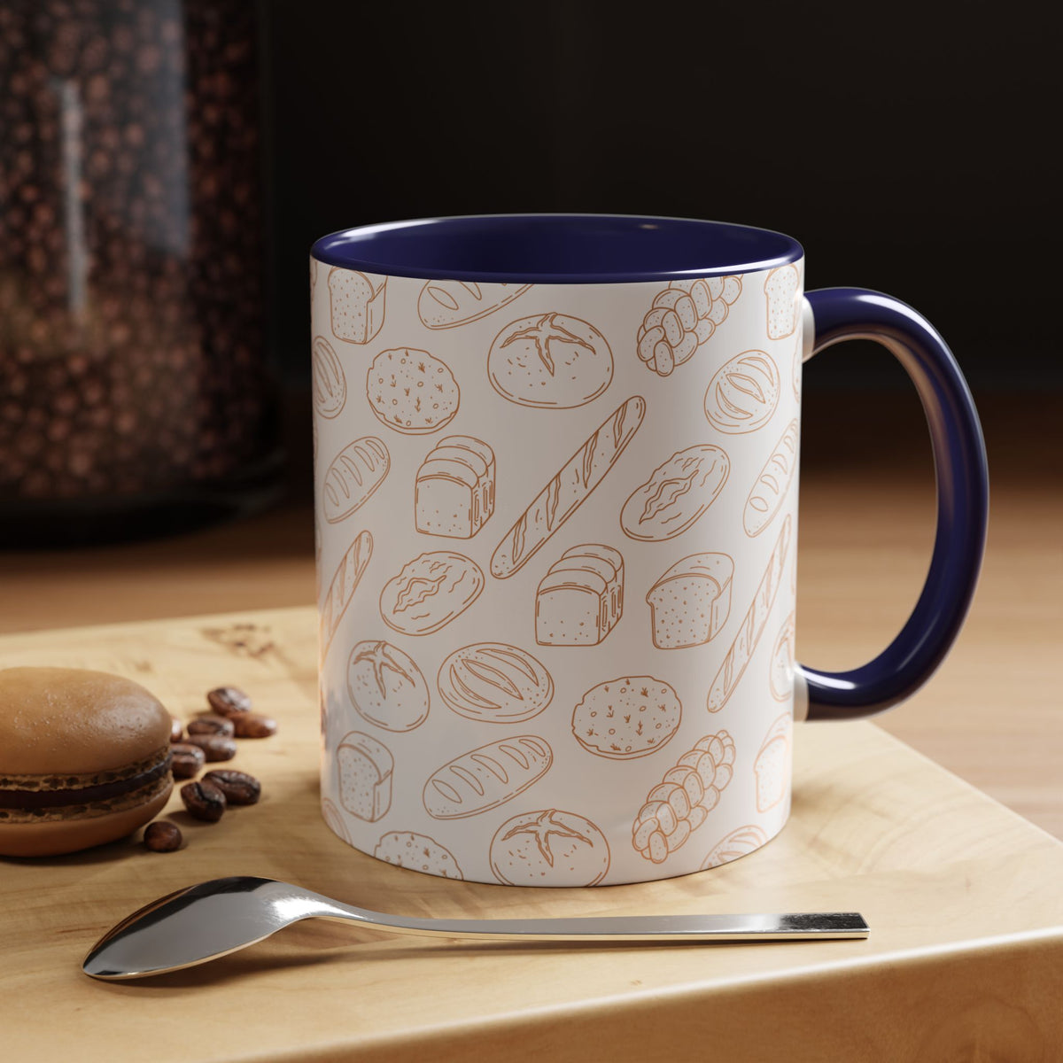 Hand-Drawn Bread Pattern Mug Accent Coffee Mug | Bakery Illustration, Neutral Tones