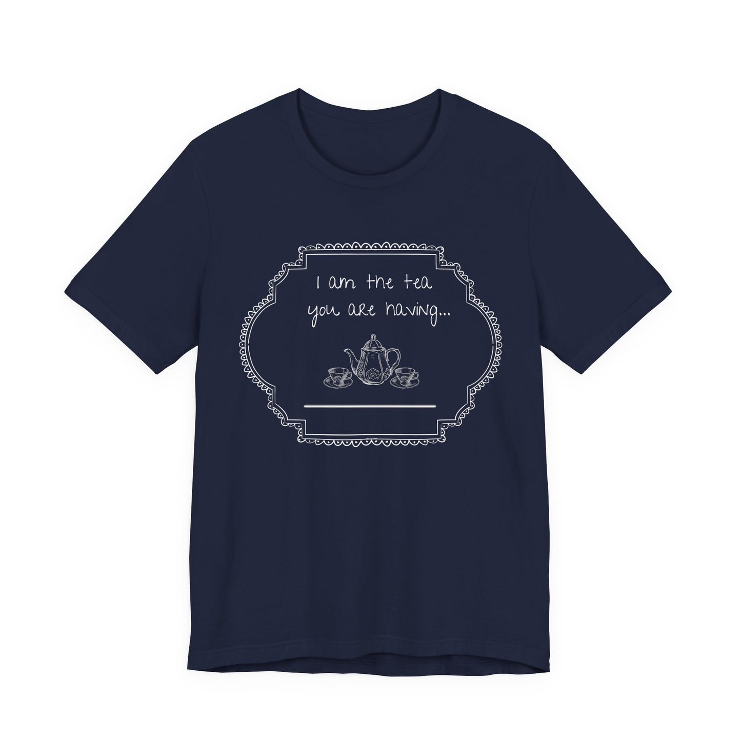Navy t-shirt with white text design on a white background