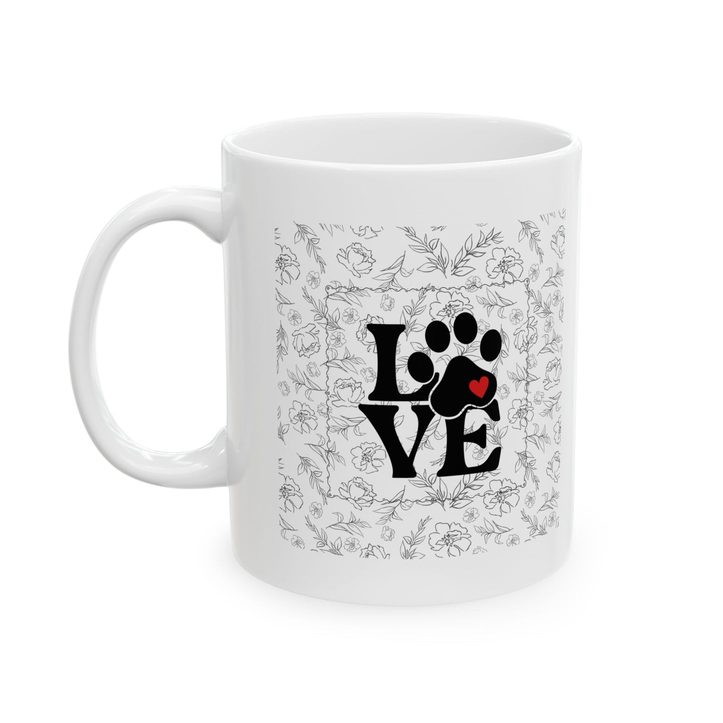 White mug with Love paw print design and outlined floral pattern on a white background