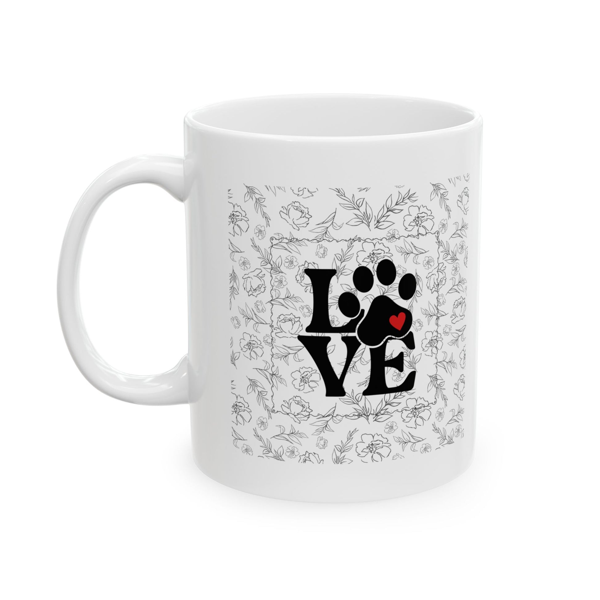 White mug with Love paw print design and outlined floral pattern on a white background