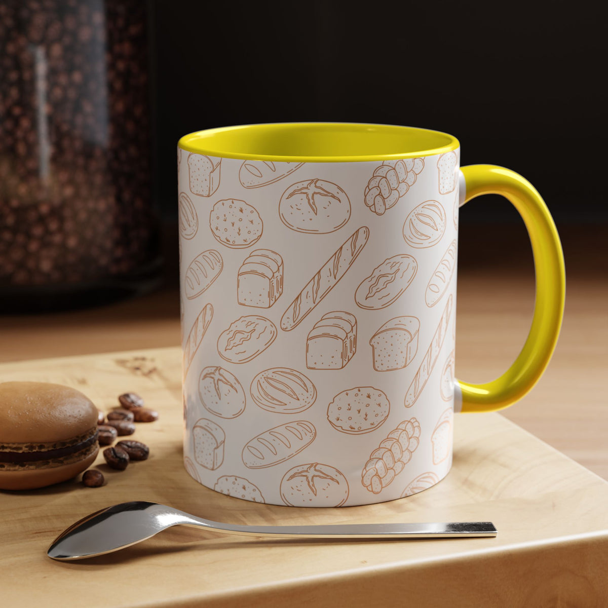Hand-Drawn Bread Pattern Mug Accent Coffee Mug | Bakery Illustration, Neutral Tones