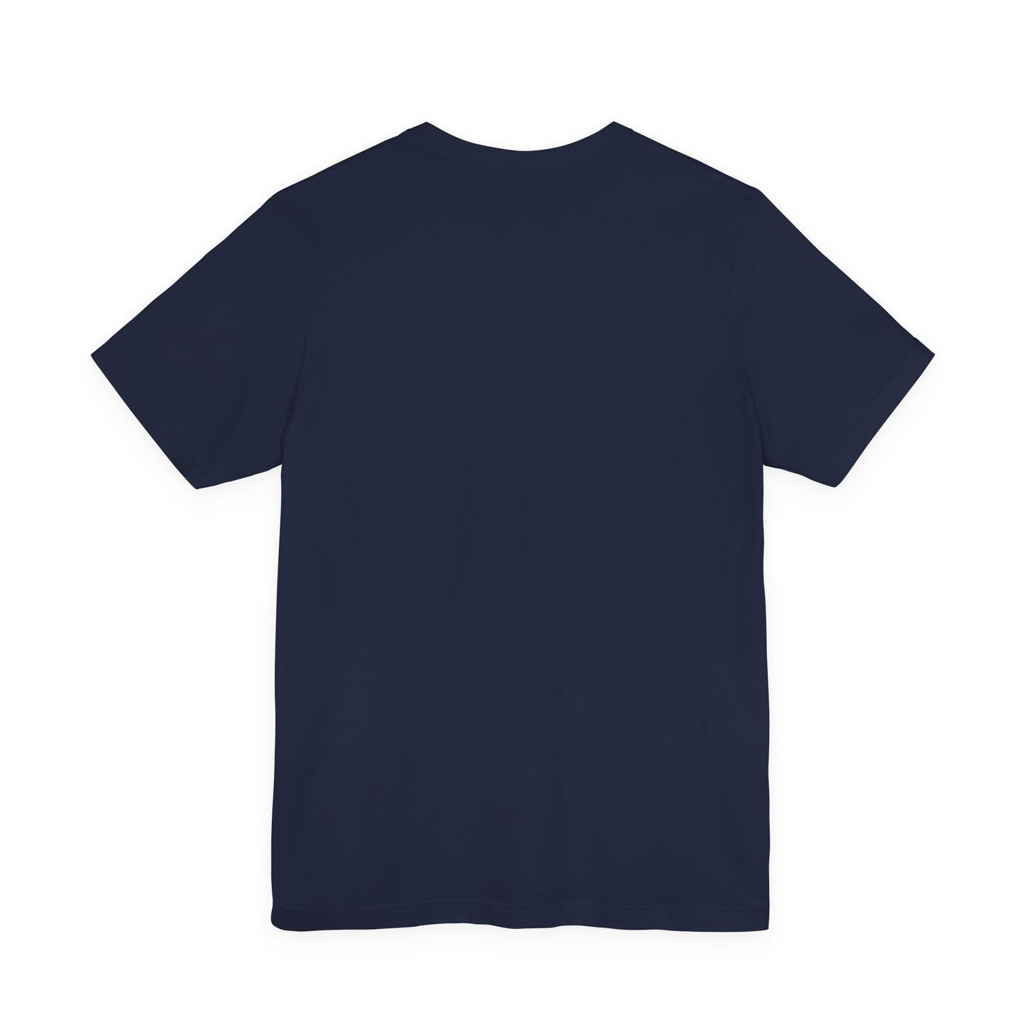 Back view of navy t-shirt on a white background