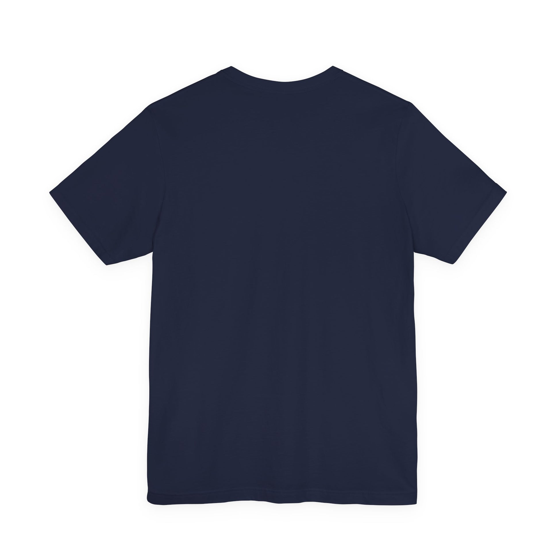 Back view of navy t-shirt on a white background