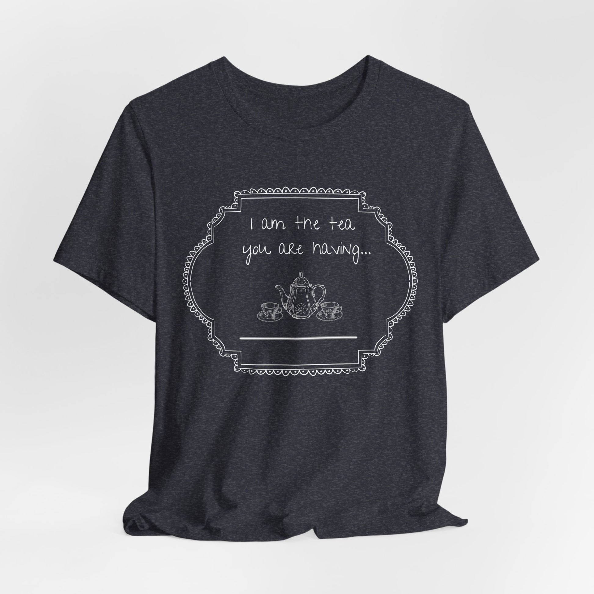 Gray t-shirt with humorous graphic and text on a white background