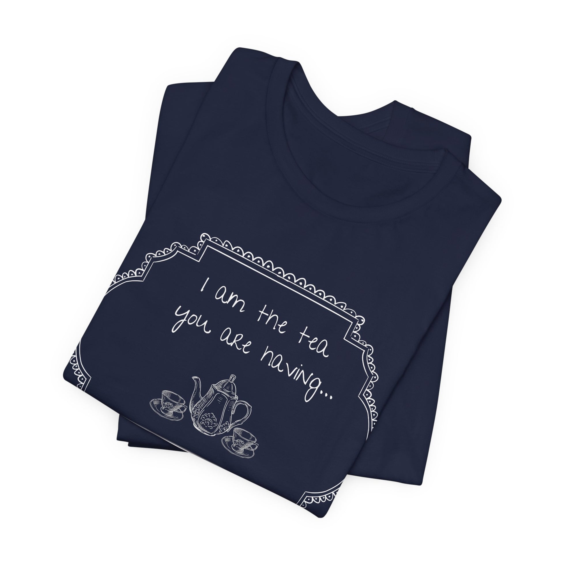 Two navy t-shirts stacked on a white background