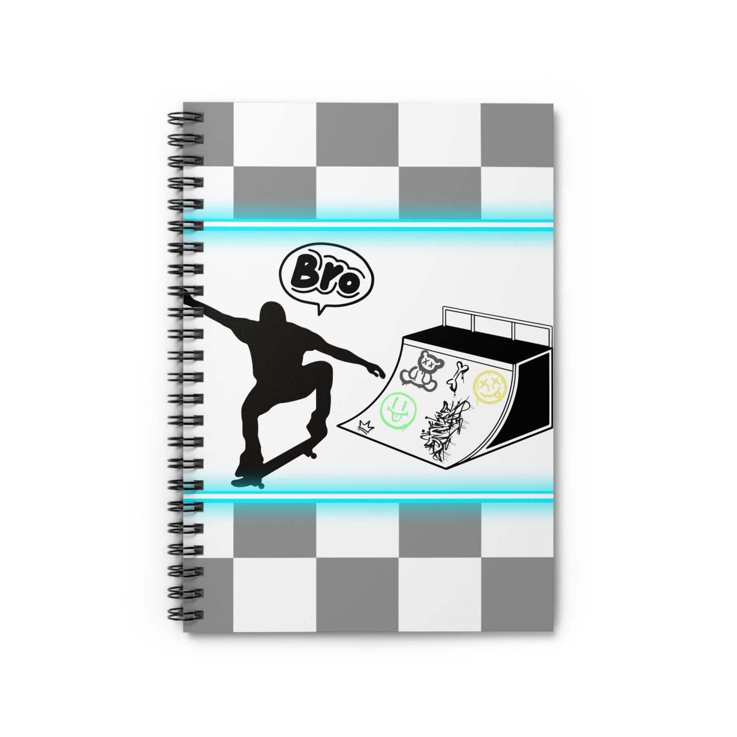 Front overview of notebook with a checkered design and a graphic of a skateboarder and ramp on the cover.