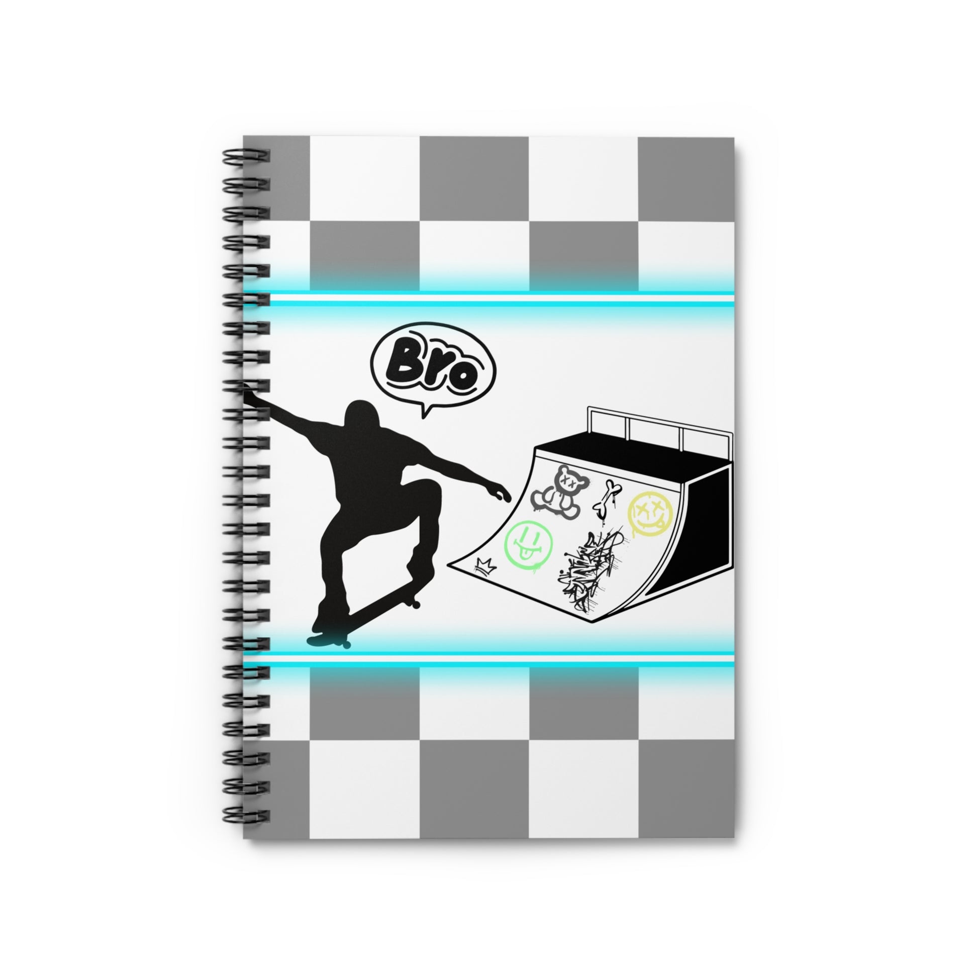 Front overview of notebook with a checkered design and a graphic of a skateboarder and ramp on the cover.
