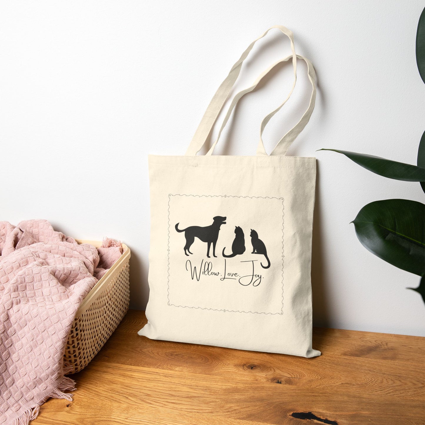 Willow.Love.Joy. Canvas Tote Bag — Pet Silhouette Print for Dog & Cat Lovers