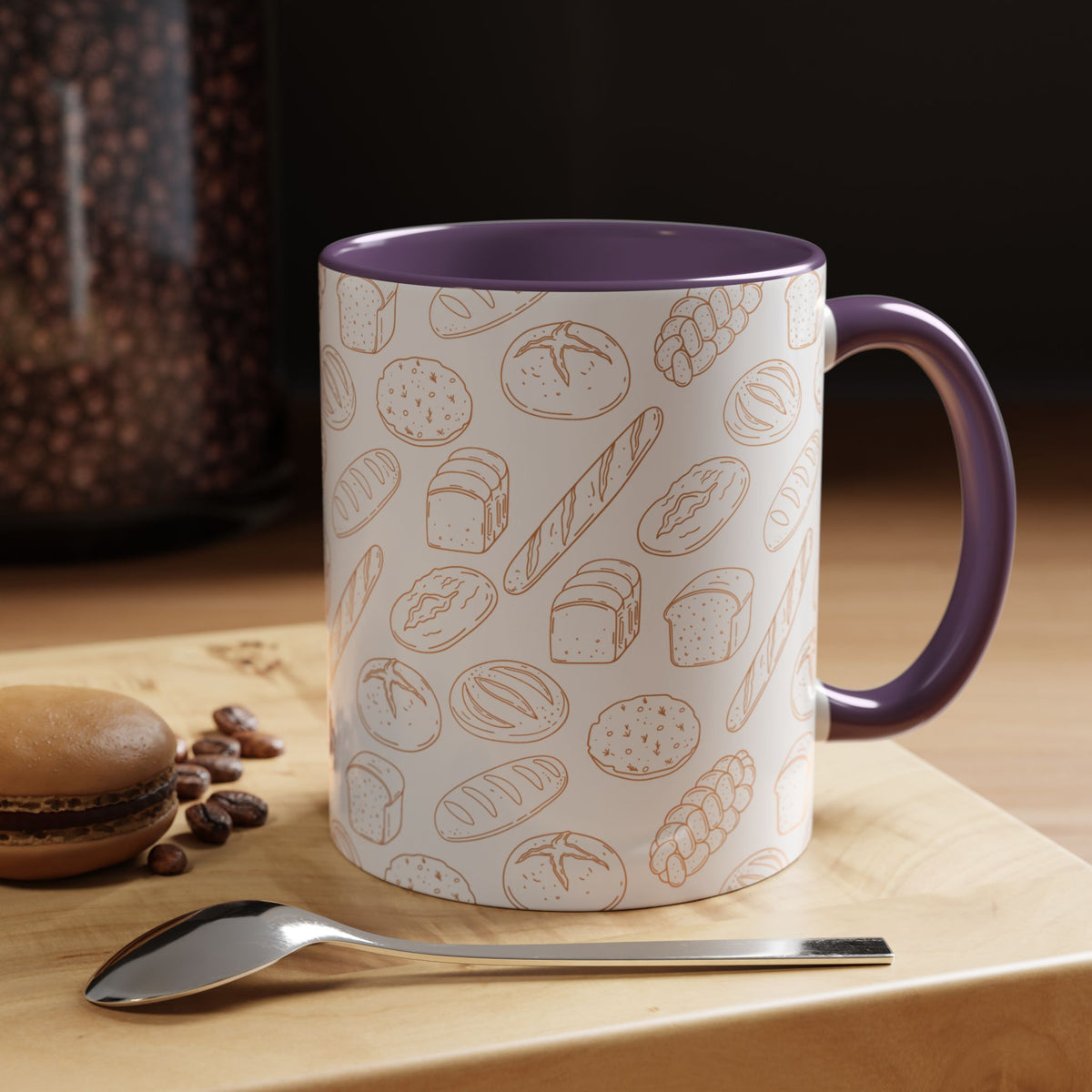 Hand-Drawn Bread Pattern Mug Accent Coffee Mug | Bakery Illustration, Neutral Tones