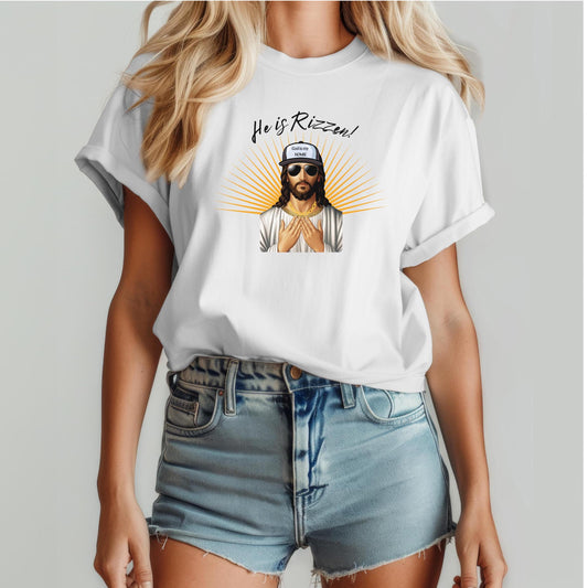 Funny 'He is Rizzen' Jesus T-Shirt: Humorous Christian Graphic Tee