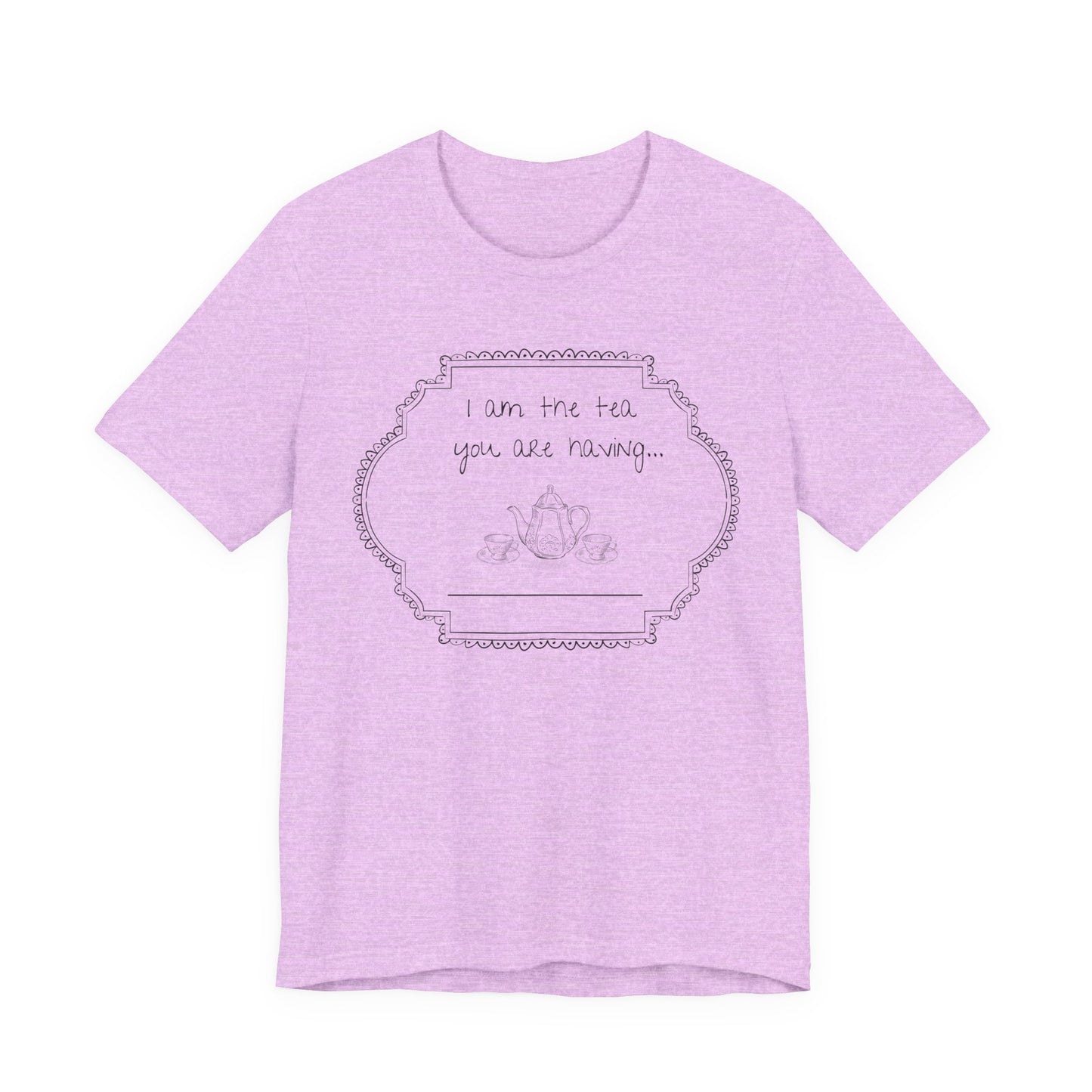 Light purple t-shirt with a graphic design and text on a white background
