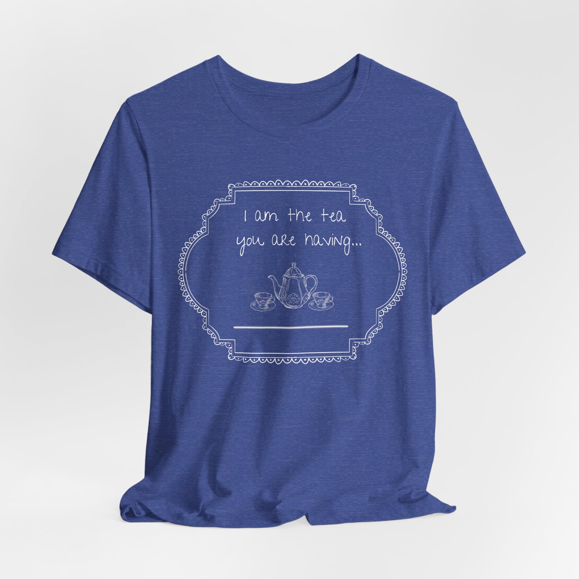 Dark blue t-shirt with a graphic and text on a light gray studio background
