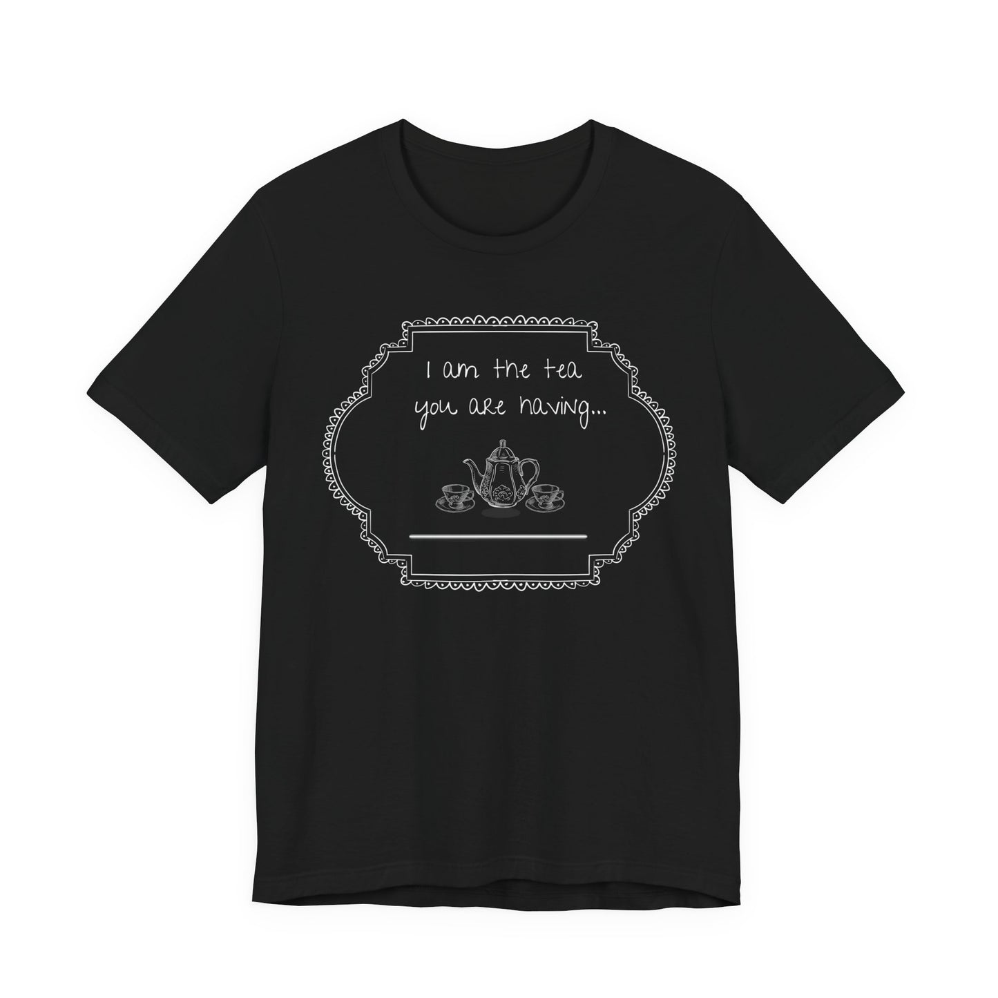 Black t-shirt with white text design on a white background