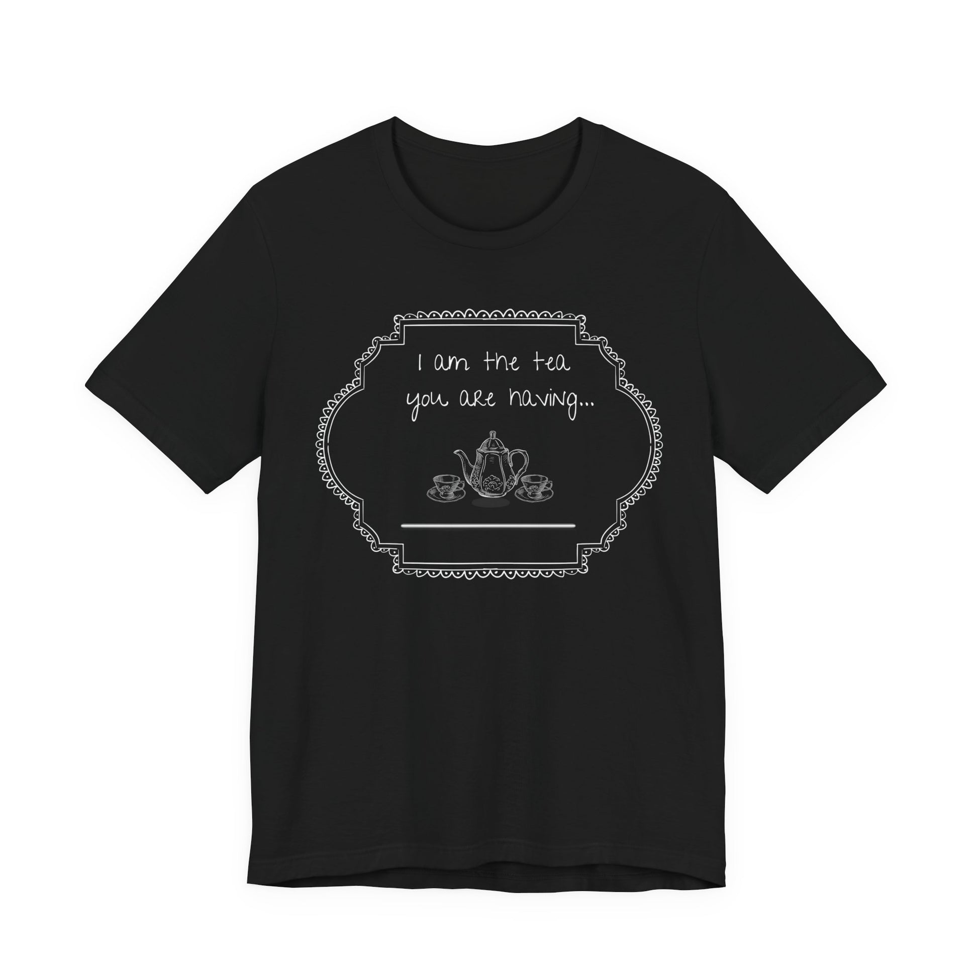 Black t-shirt with white text design on a white background