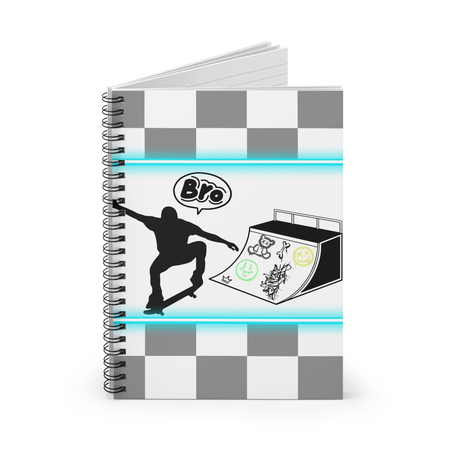 Slightly opened notebook with a checkered design and a graphic of a person on a skateboard, with the word 'Bro' above.