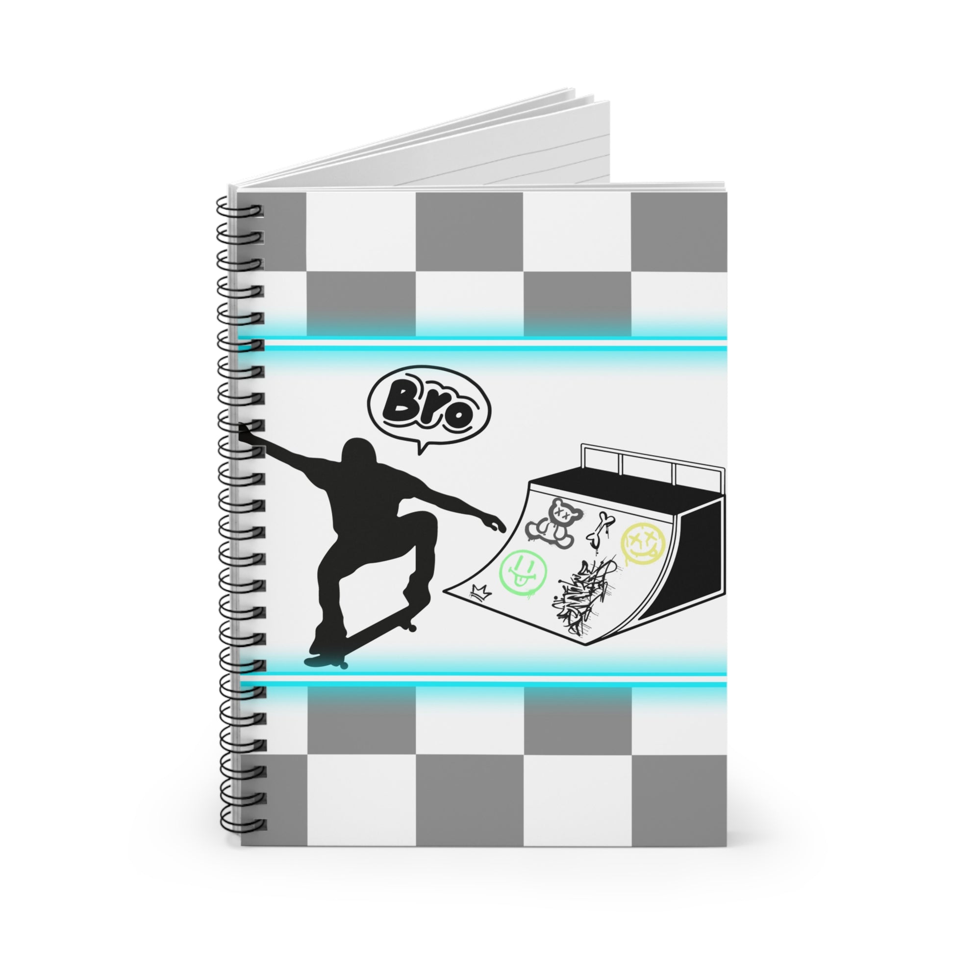 Slightly opened notebook with a checkered design and a graphic of a person on a skateboard, with the word 'Bro' above.