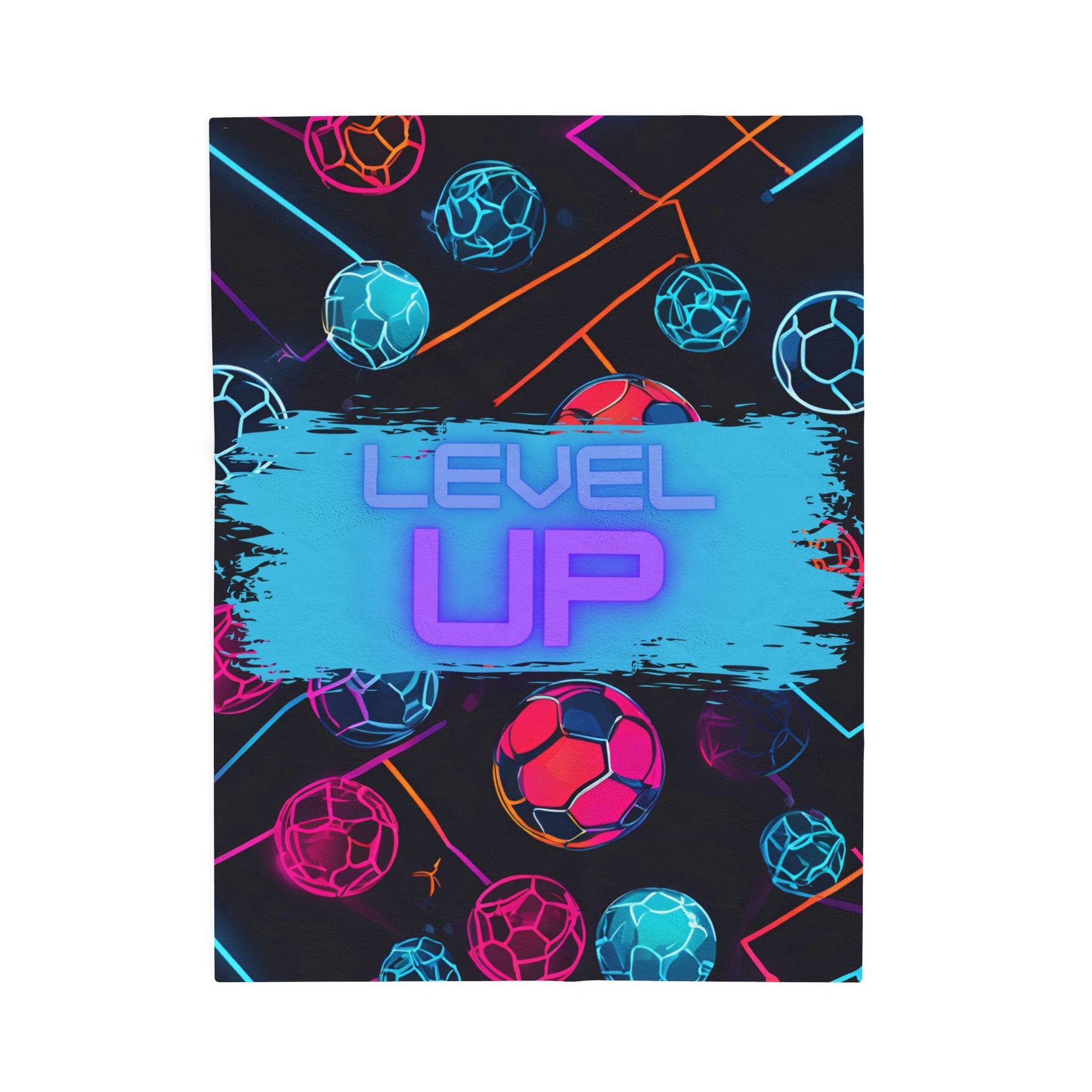 Larger Size Neon soccer ball pattern with 'Level Up' text on a black background
