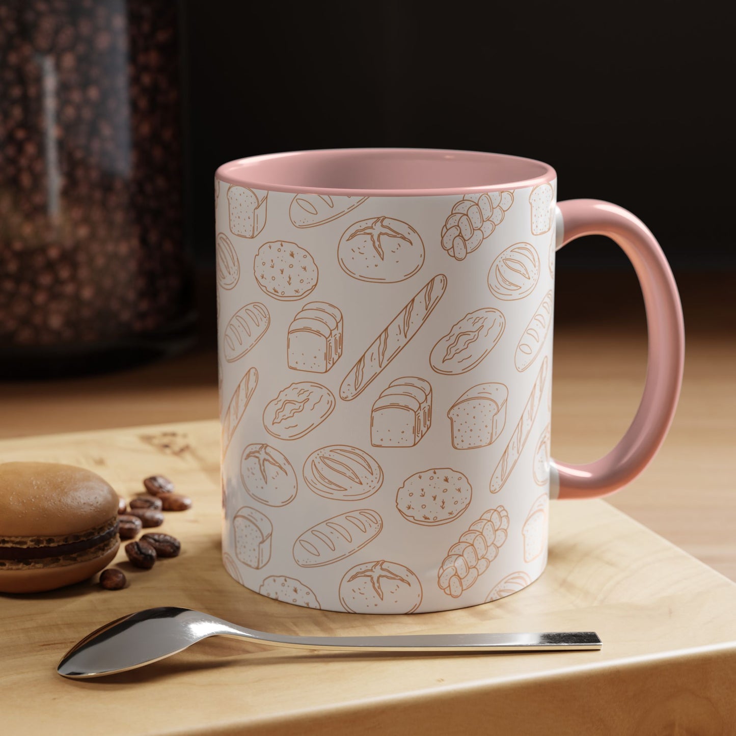 Hand-Drawn Bread Pattern Mug Accent Coffee Mug | Bakery Illustration, Neutral Tones