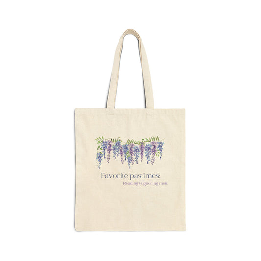 Funny Tote "Favorite Pastimes: Reading & ignoring men" Wisteria Print Bag