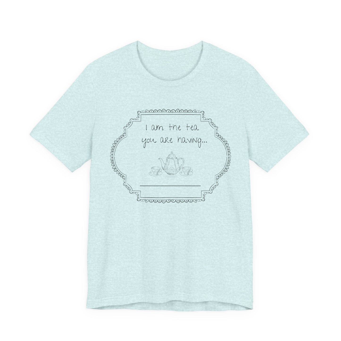 Light blue t-shirt with black tea pot graphic and text on a white background