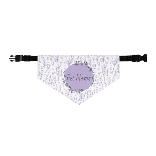 Pet bandana size small with floral pattern and customizable name tag on a white background