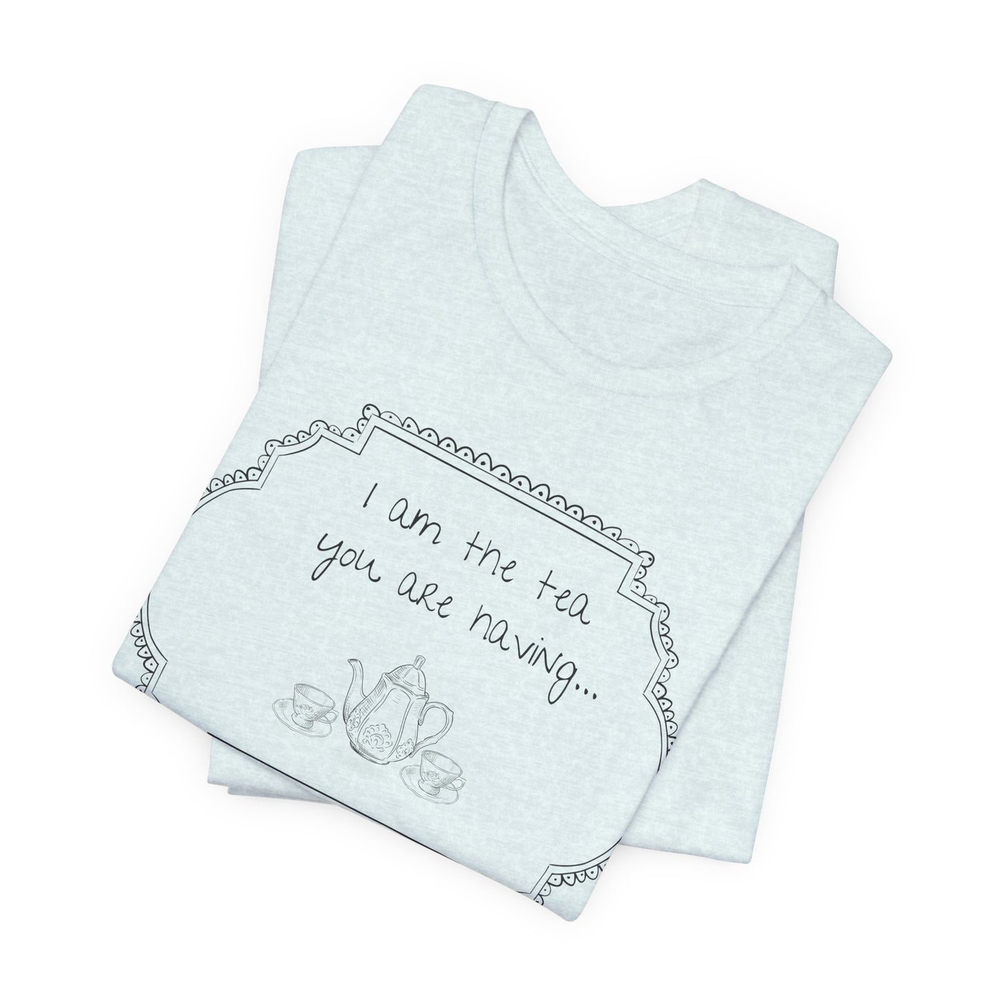 Lightest blue t-shirt with tea-themed text and graphics on a white background