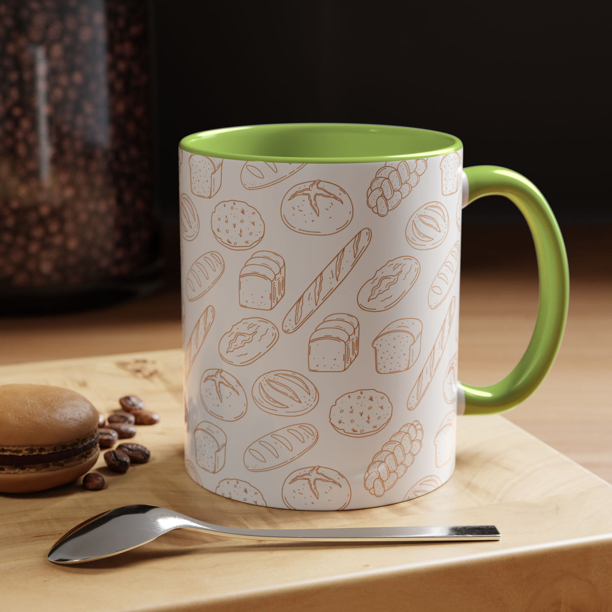 Hand-Drawn Bread Pattern Mug Accent Coffee Mug | Bakery Illustration, Neutral Tones