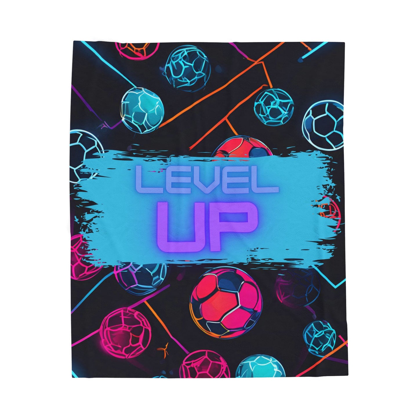Smaller Size Neon soccer ball pattern with 'Level Up' text on a black background