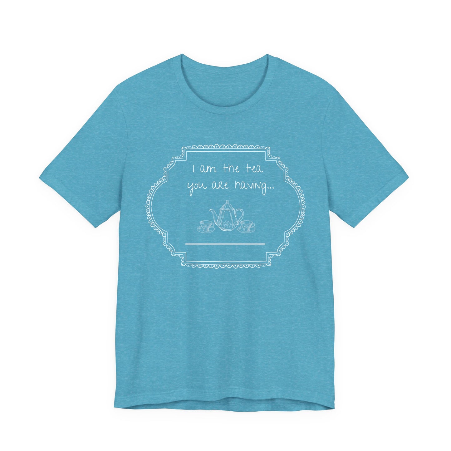 Aqua Blue t-shirt with white graphic and text on a white background